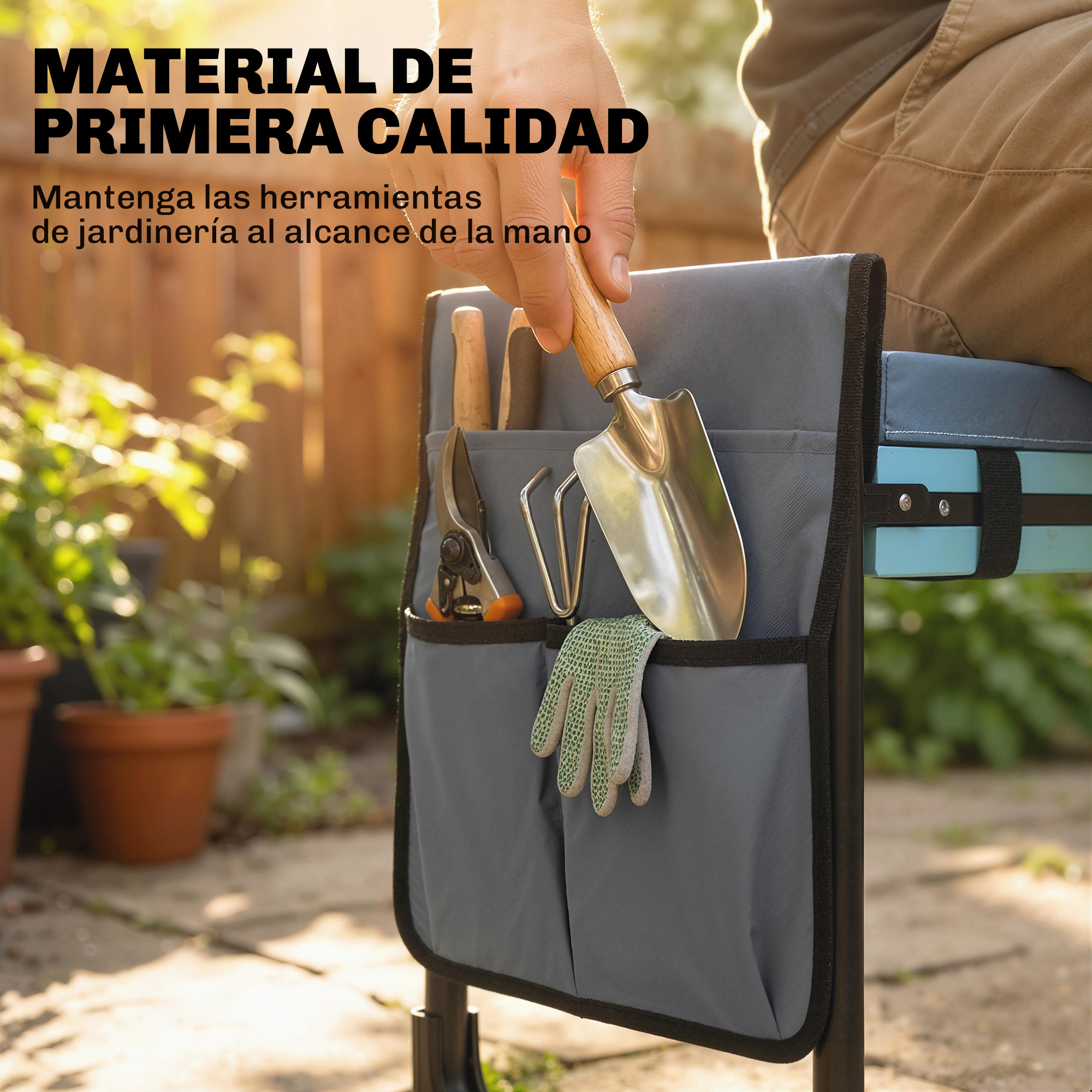 Herramientas de jardinería en un bolsillo: tijeras, guante, pala, rastrillo.