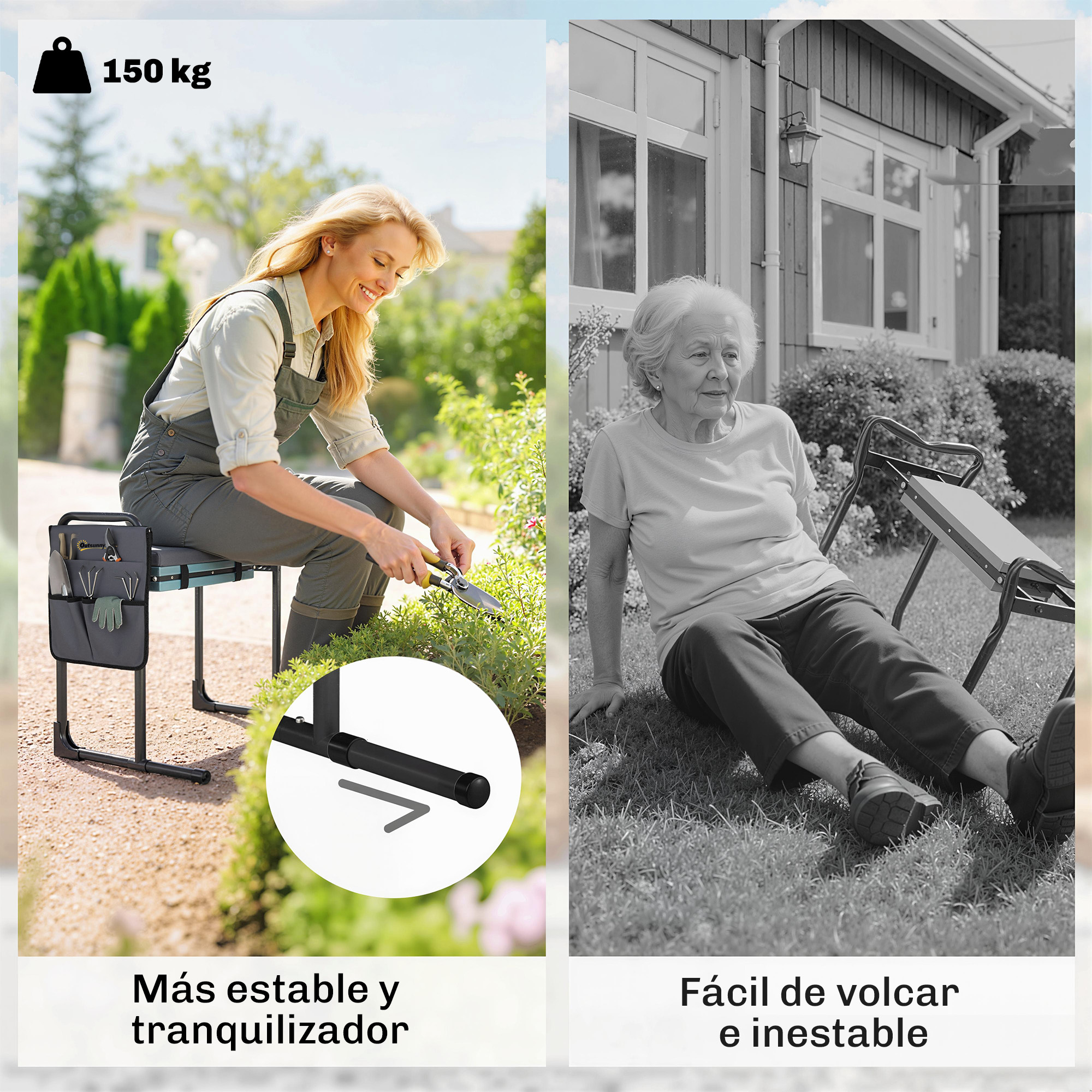 Mujer en taburete de jardín, anciana en césped. Capacidad 150 kg.