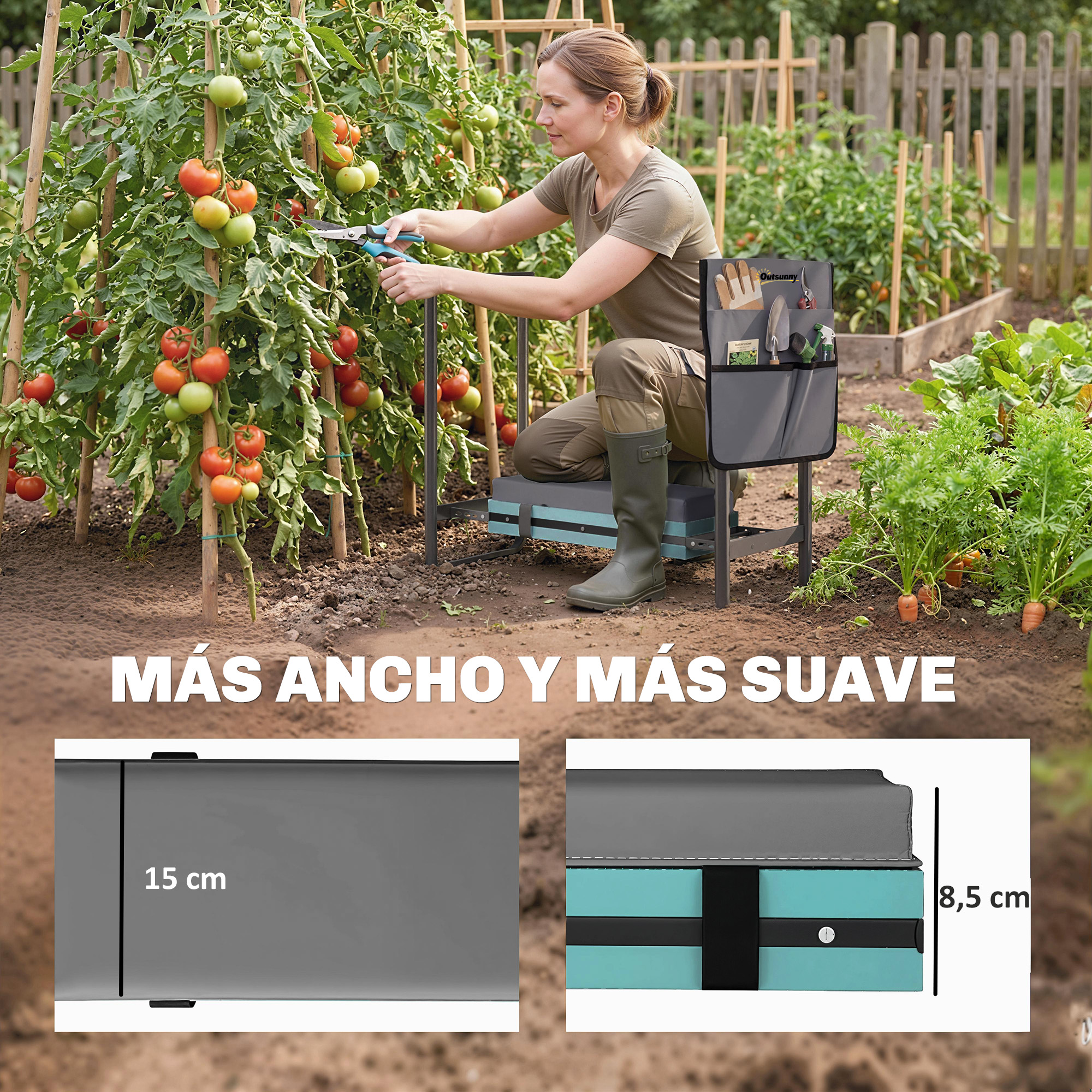 Mujer cosechando tomates. Bolsa de herramientas de jardinería cerca. Vista detalle medidas.