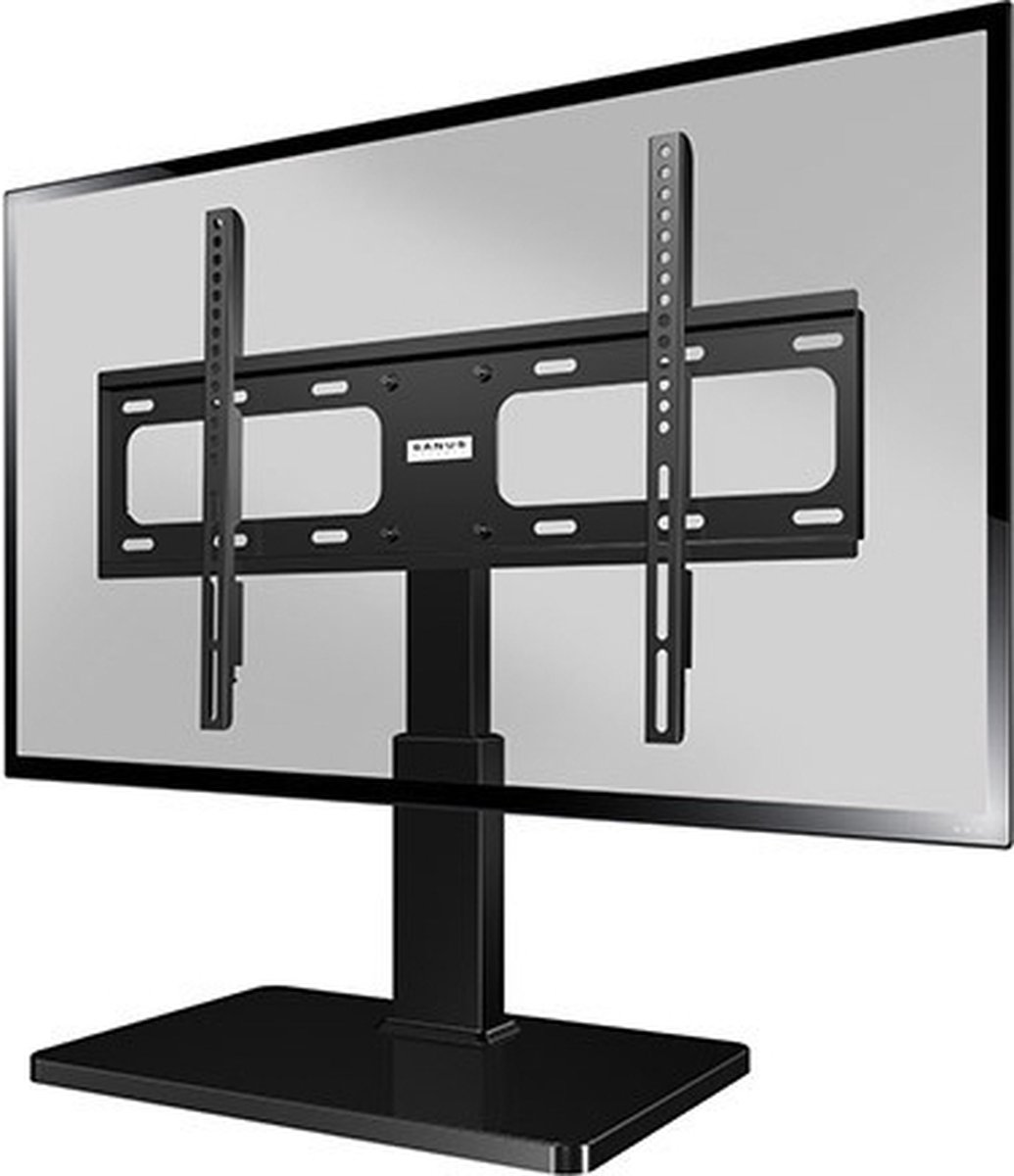 Ein schwarzer TV-Ständer mit einer Metallhalterung für einen Fernseher.