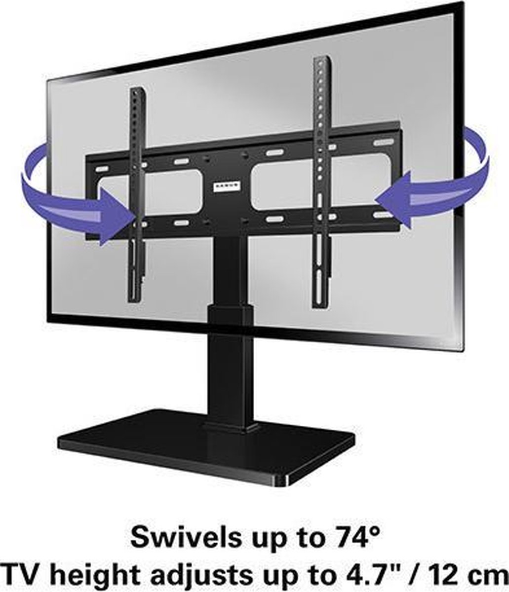 Ein schwarzer TV-Ständer mit einem Bildschirm, der um 74° schwenkbar ist.