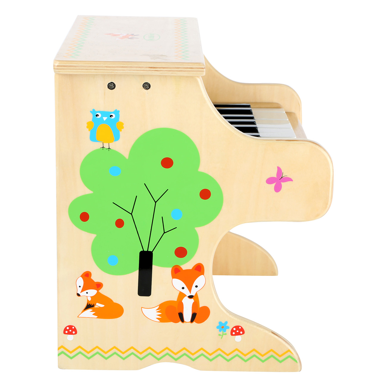 Holzklavier mit lustigen Tiermotiven wie Füchse, Eule, Schmetterling und Baum.