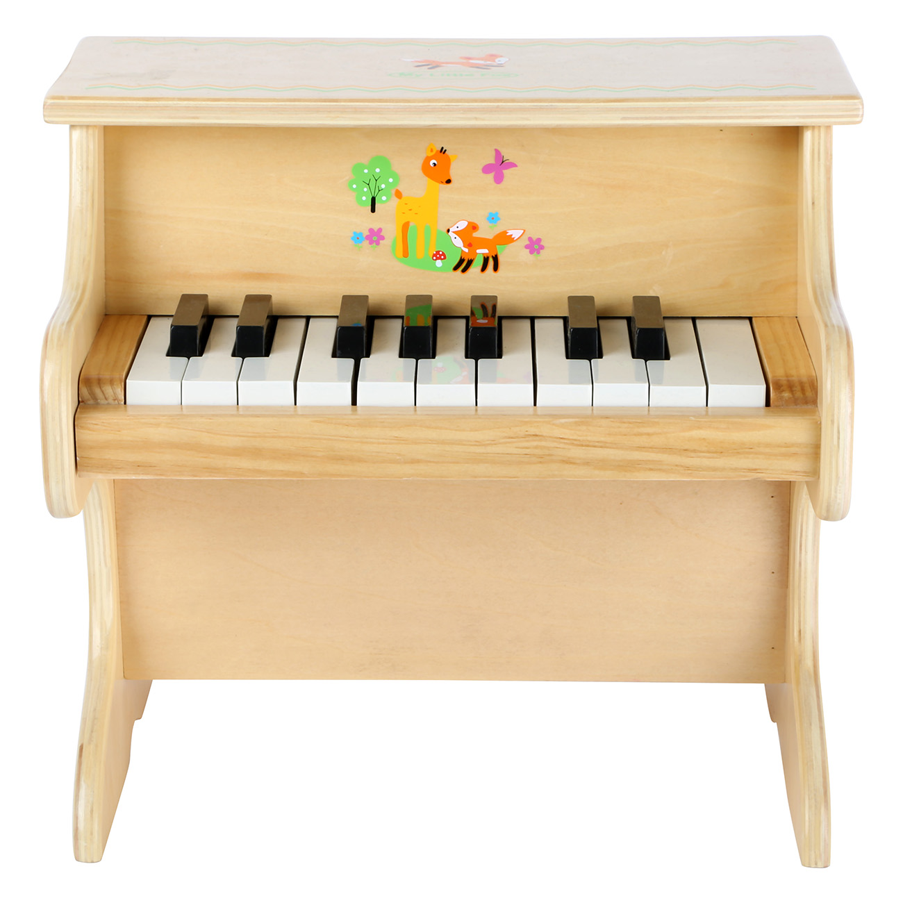 Ein hölzernes Spielzeugklavier mit Tierillustrationen und schwarzen und weißen Tasten.
