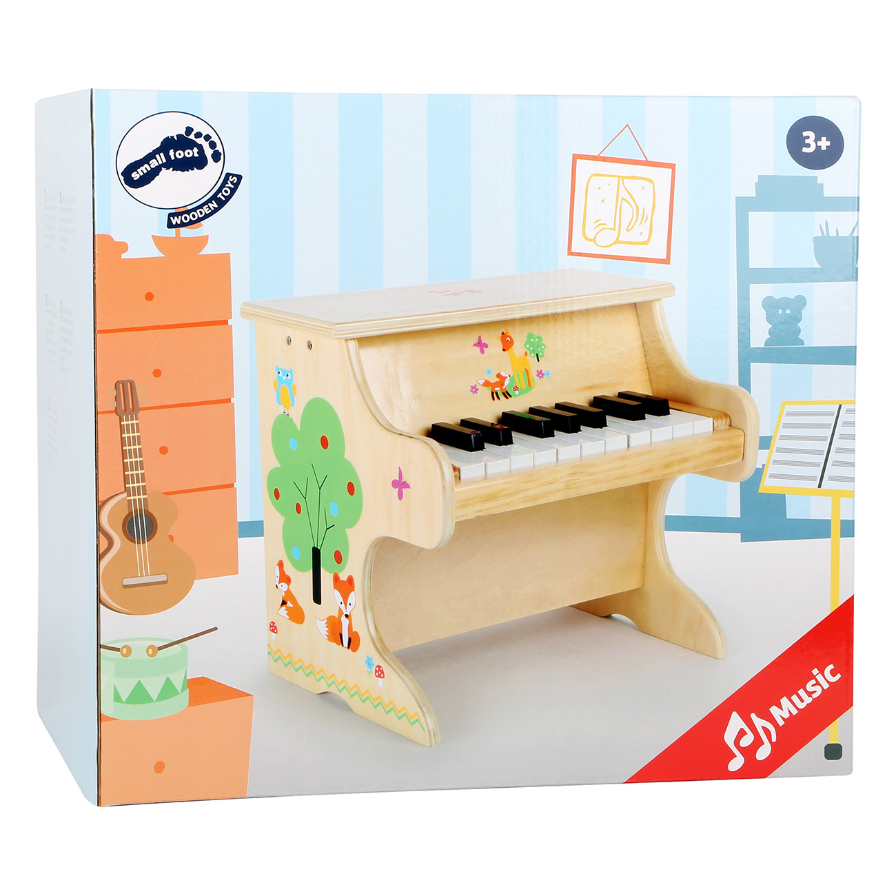 Ein hölzernes Spielzeugklavier mit Tasten und Tierillustrationen auf der Vorderseite.