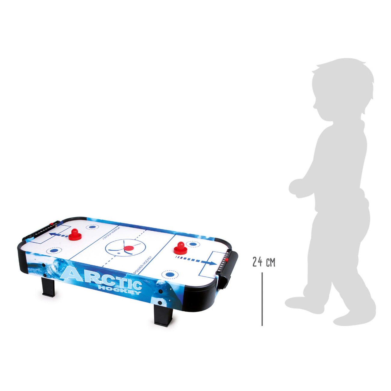 Ein Tisch-Airhockey-Spiel mit blauer Eis-Thematik und roten Schlägern.