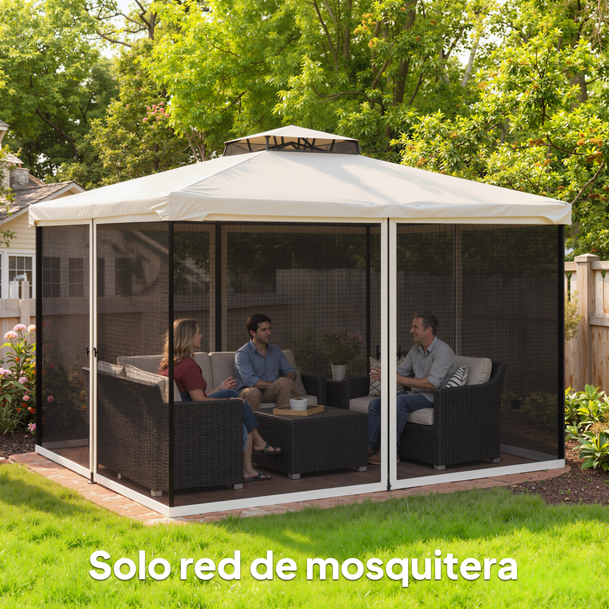 Tres personas sentadas en muebles dentro de un cenador con mosquitero.