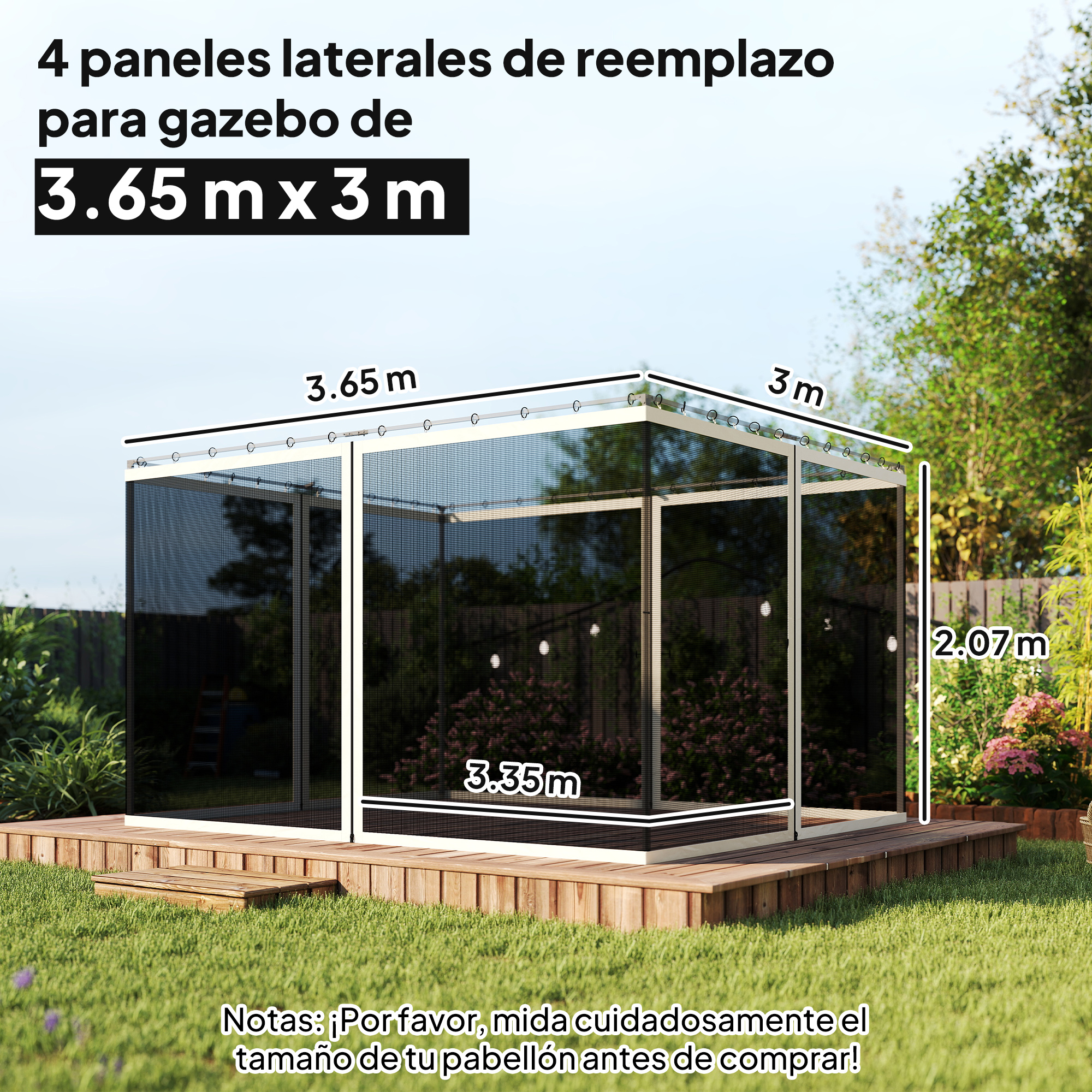 Un gazebo de repuesto con laterales de malla, 3,65m x 3m x 2,07m, sobre tarima.