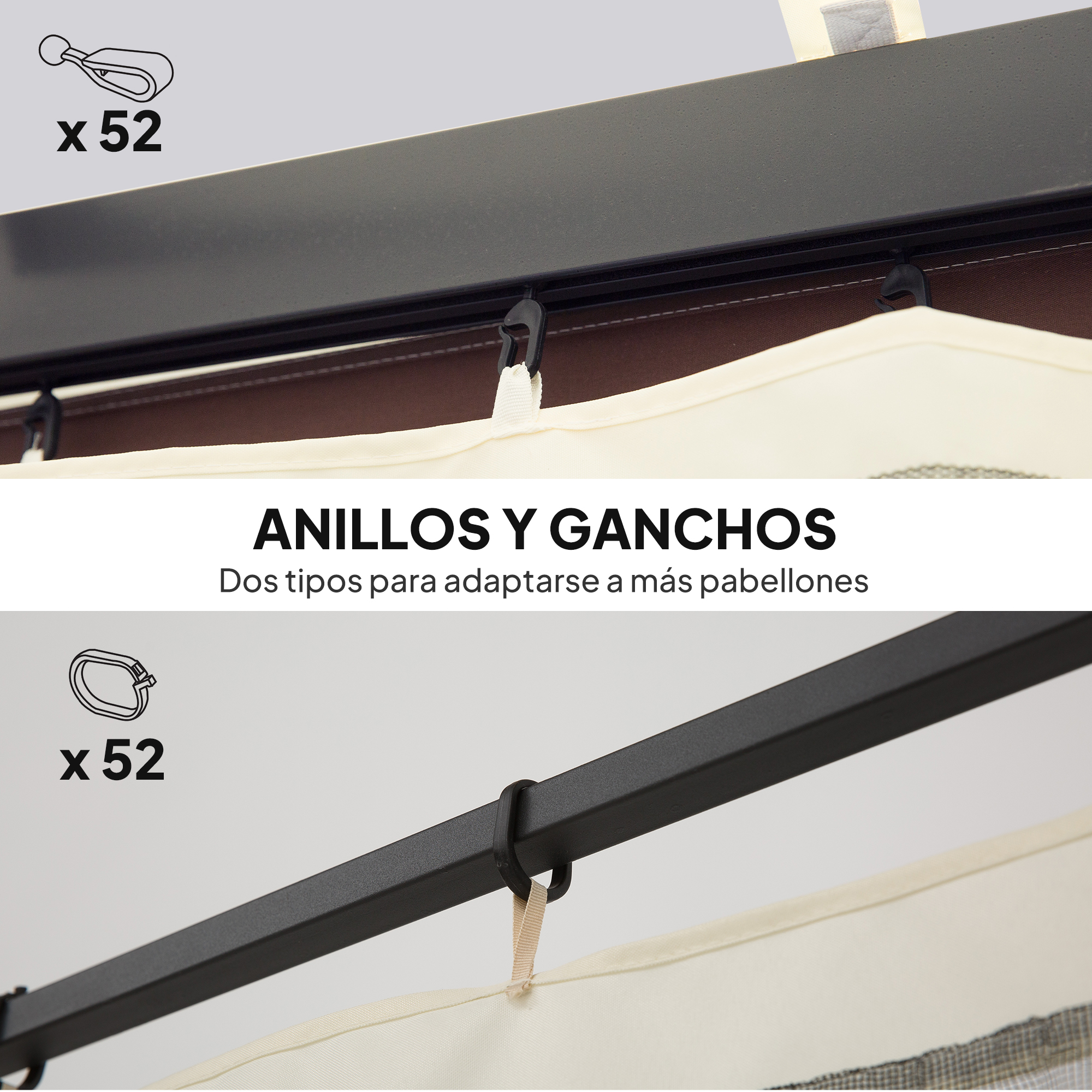 52 anillos y ganchos para sujetar tela de toldo a postes de metal.