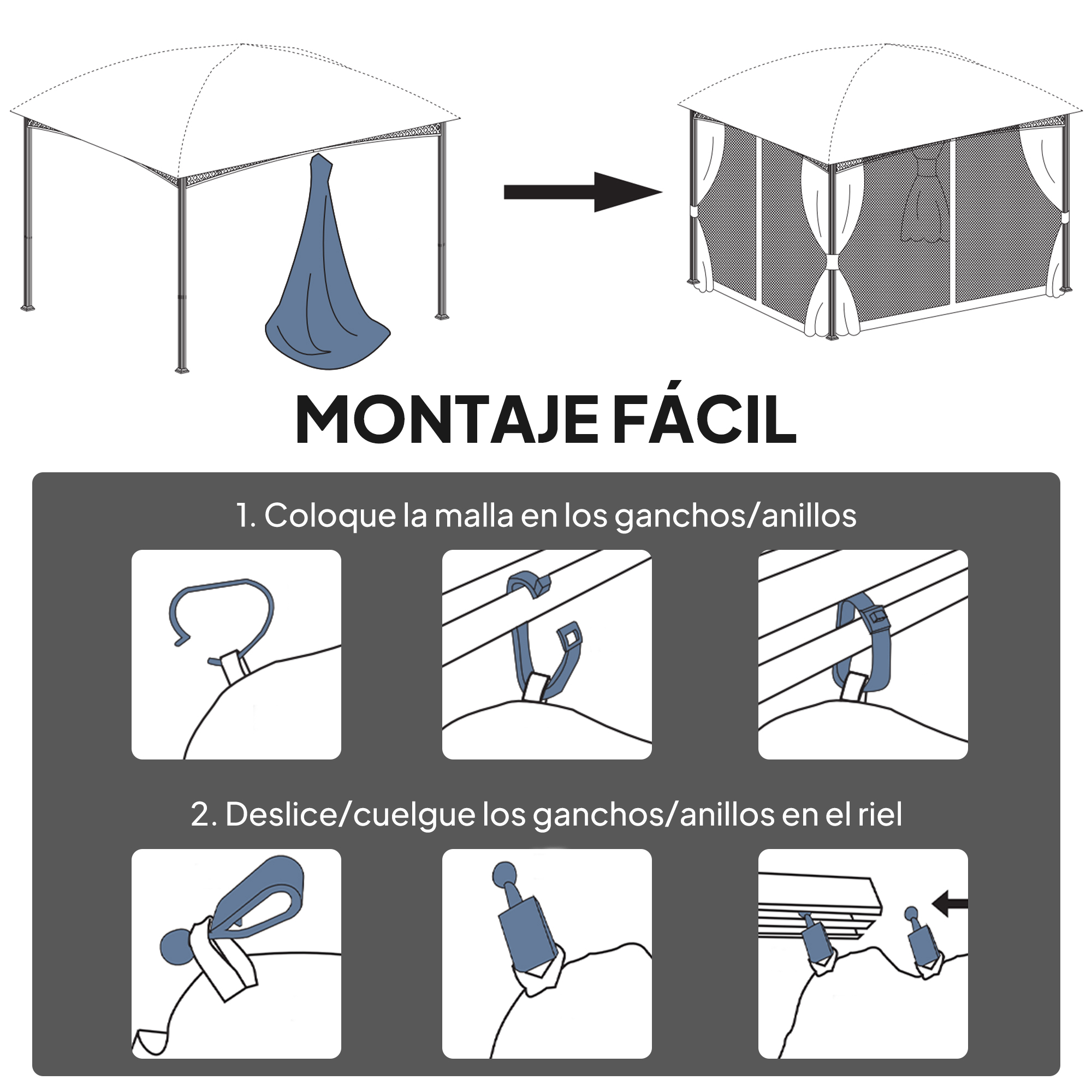 Instrucciones para montar un cenador con malla.
