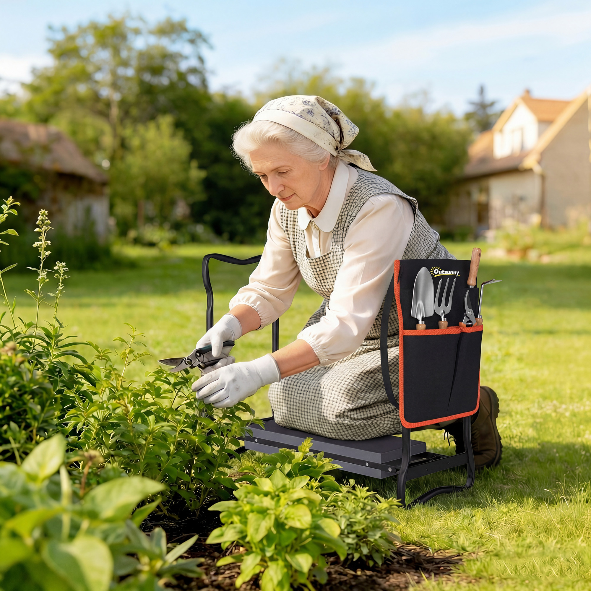 Una mujer mayor con pañuelo en la cabeza se arrodilla en un jardín, podando plantas.
