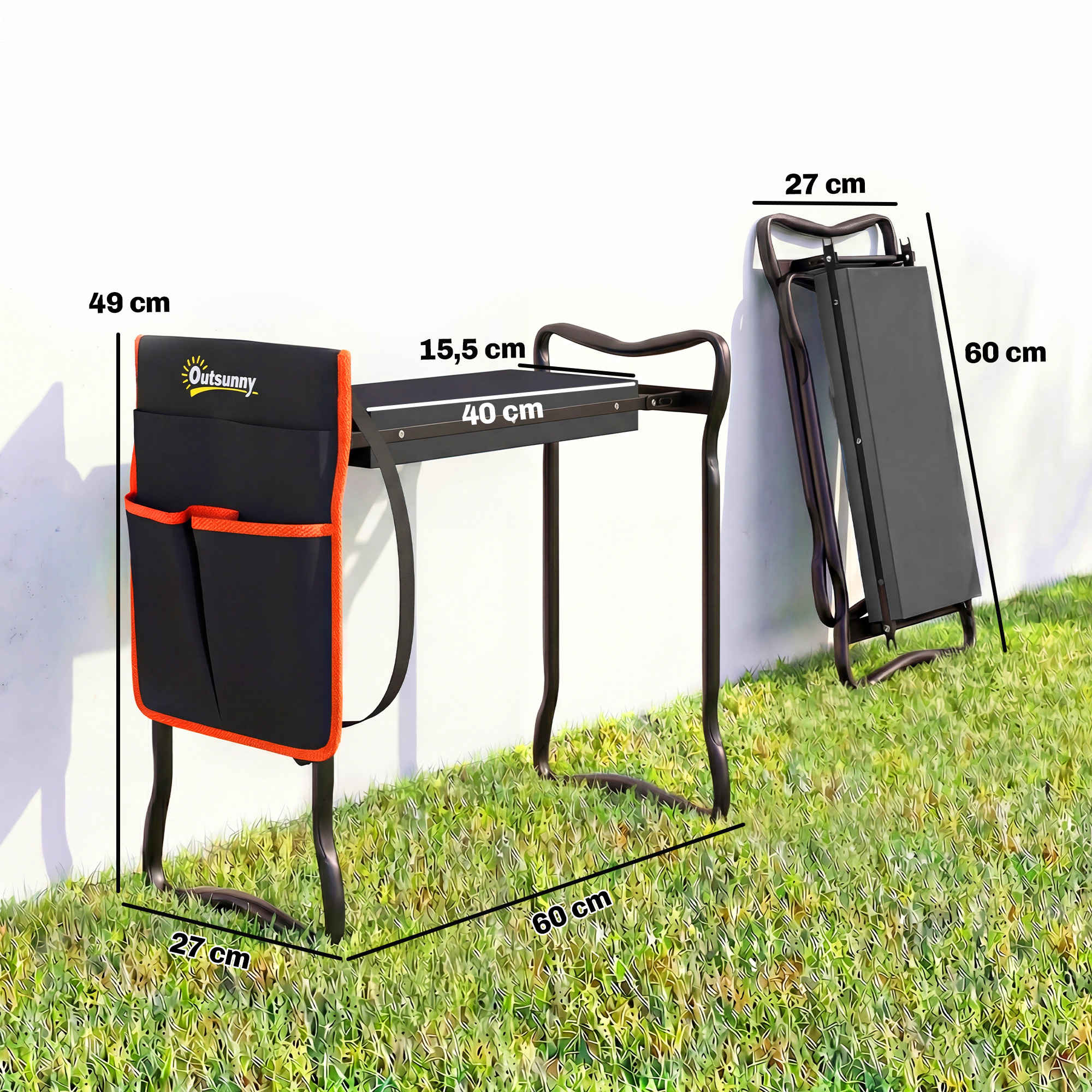 Un asiento de jardín con bolsa para herramientas, 49x27x60cm, asiento 40x15,5cm.