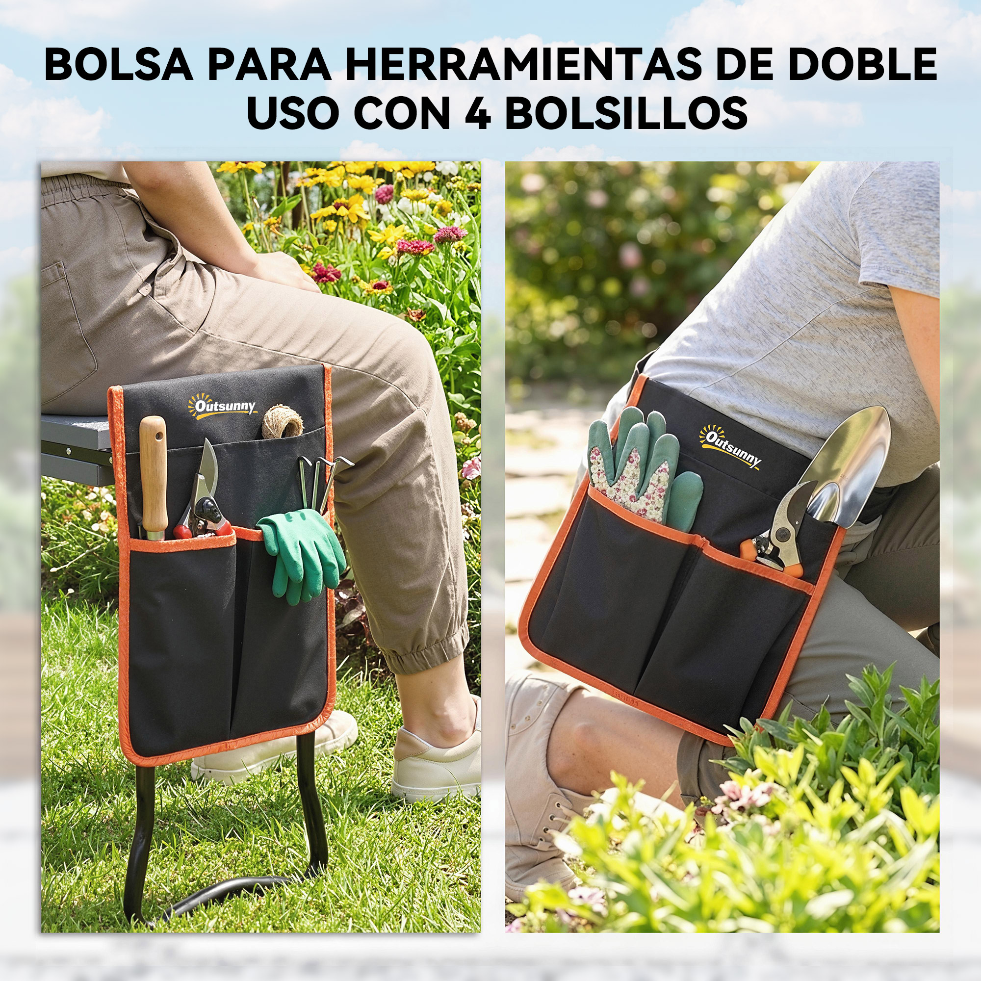 Bolsa de jardinería negra con ribete naranja, con herramientas y guantes.