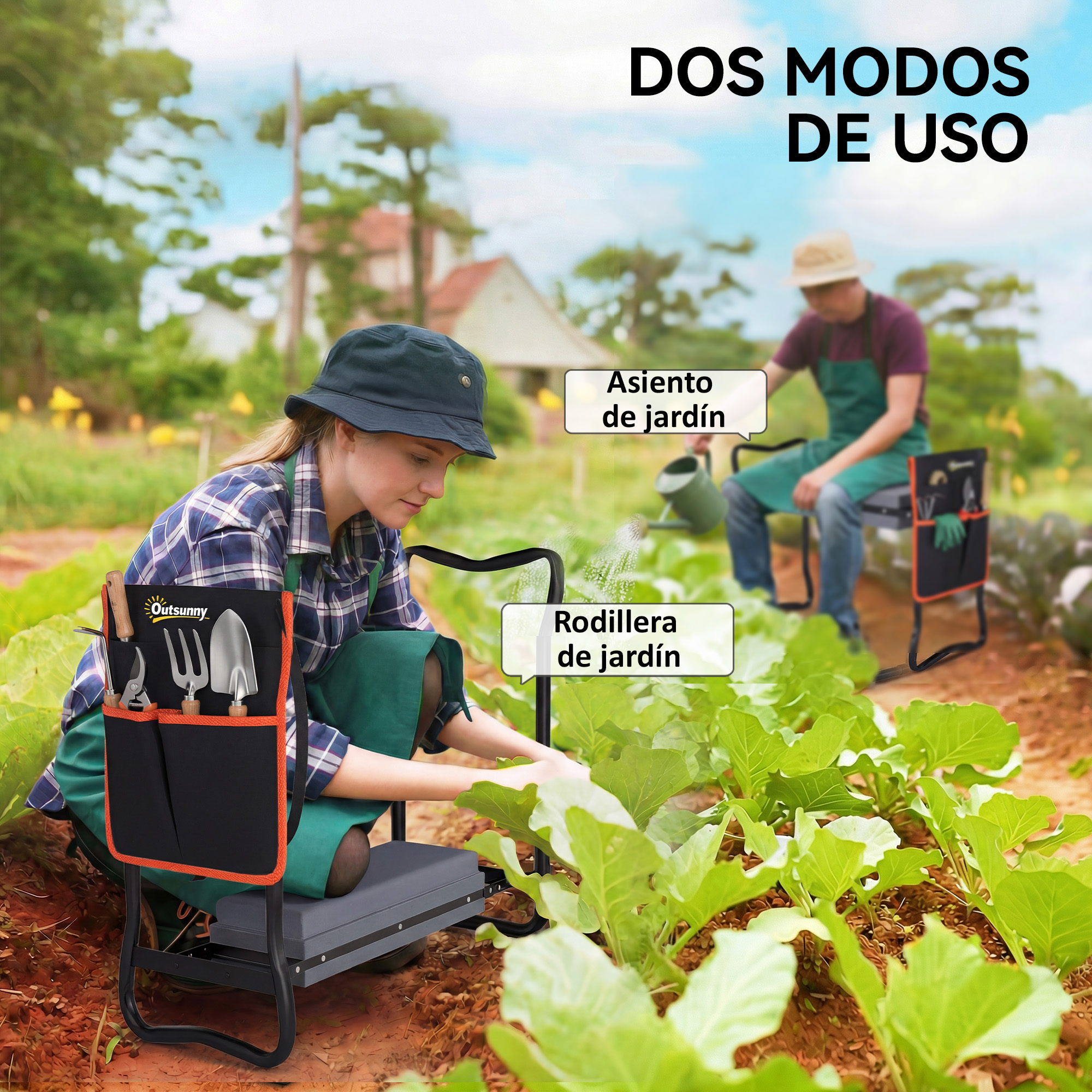 Jardinero con bolsa de herramientas se arrodilla junto a plantas. Un hombre riega.