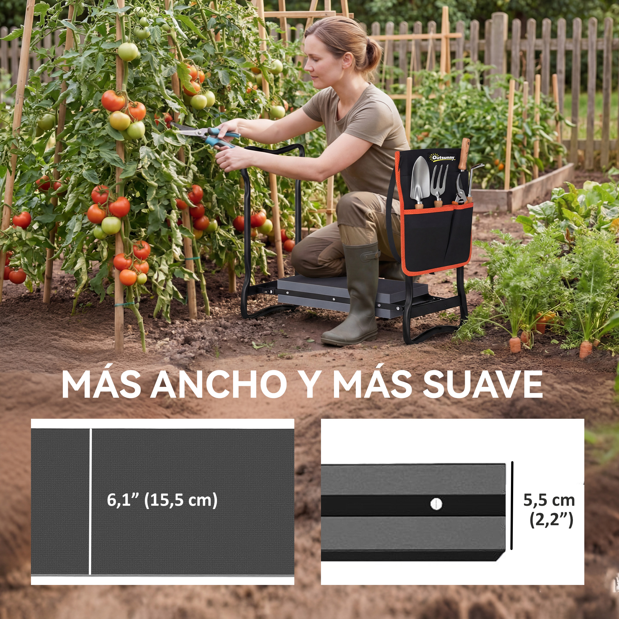 Mujer podando tomates en un jardín, con bolsa de herramientas y detalles de tamaño.