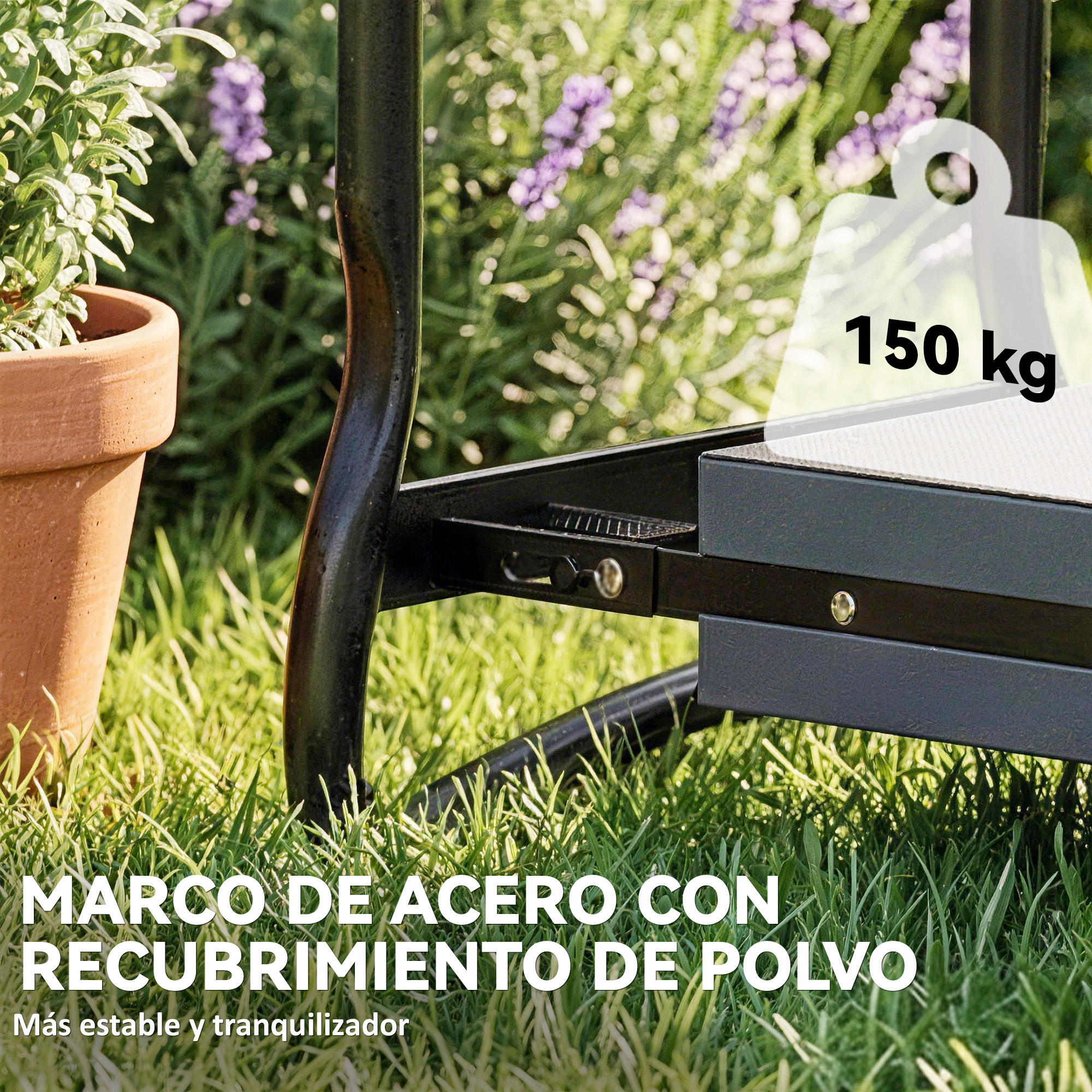 Un marco de acero con recubrimiento en polvo soporta 150 kg sobre césped con flores.
