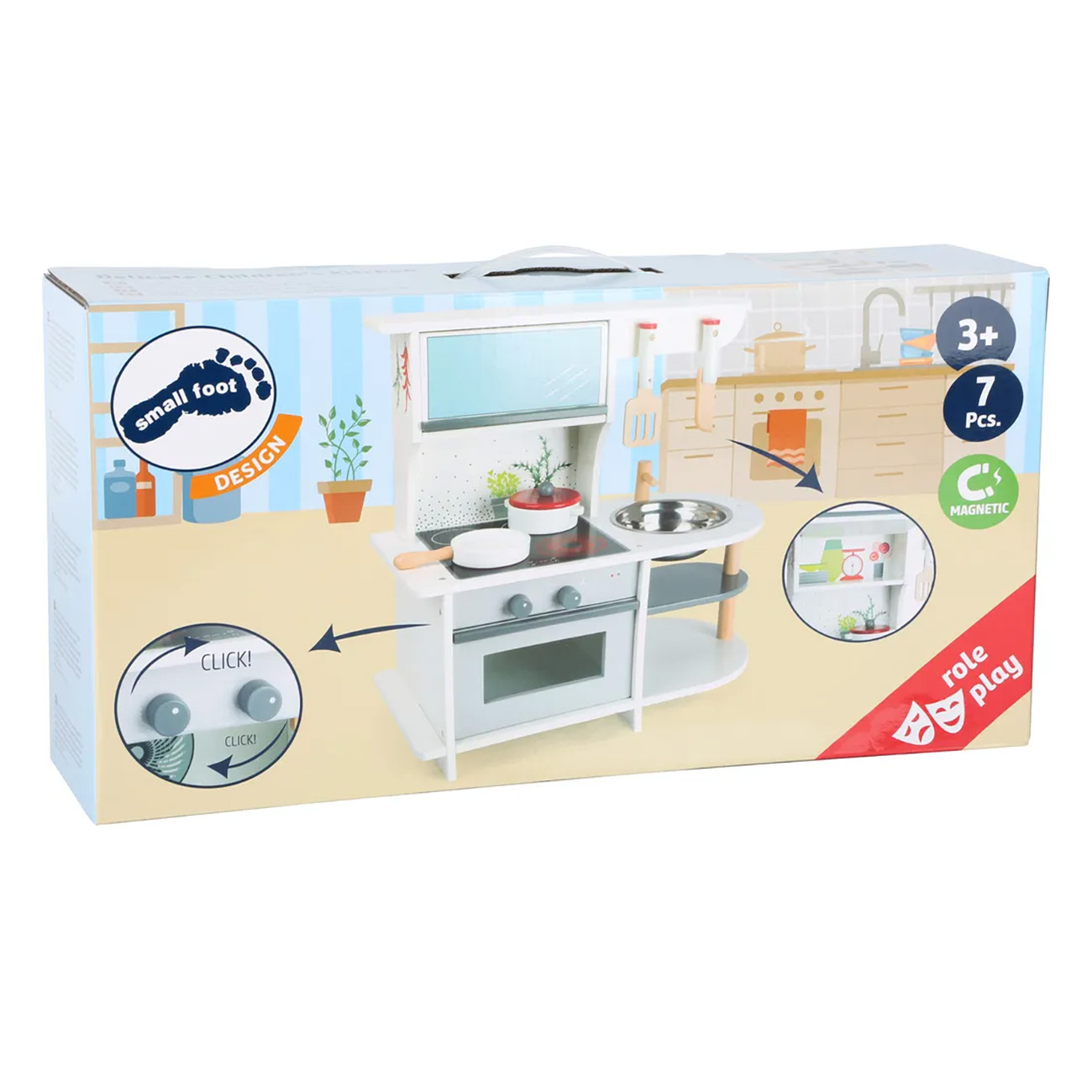 Verpackung eines kleinen Holzspielzeug-KCchensets mit Herd, SpCle und ZubehCr.