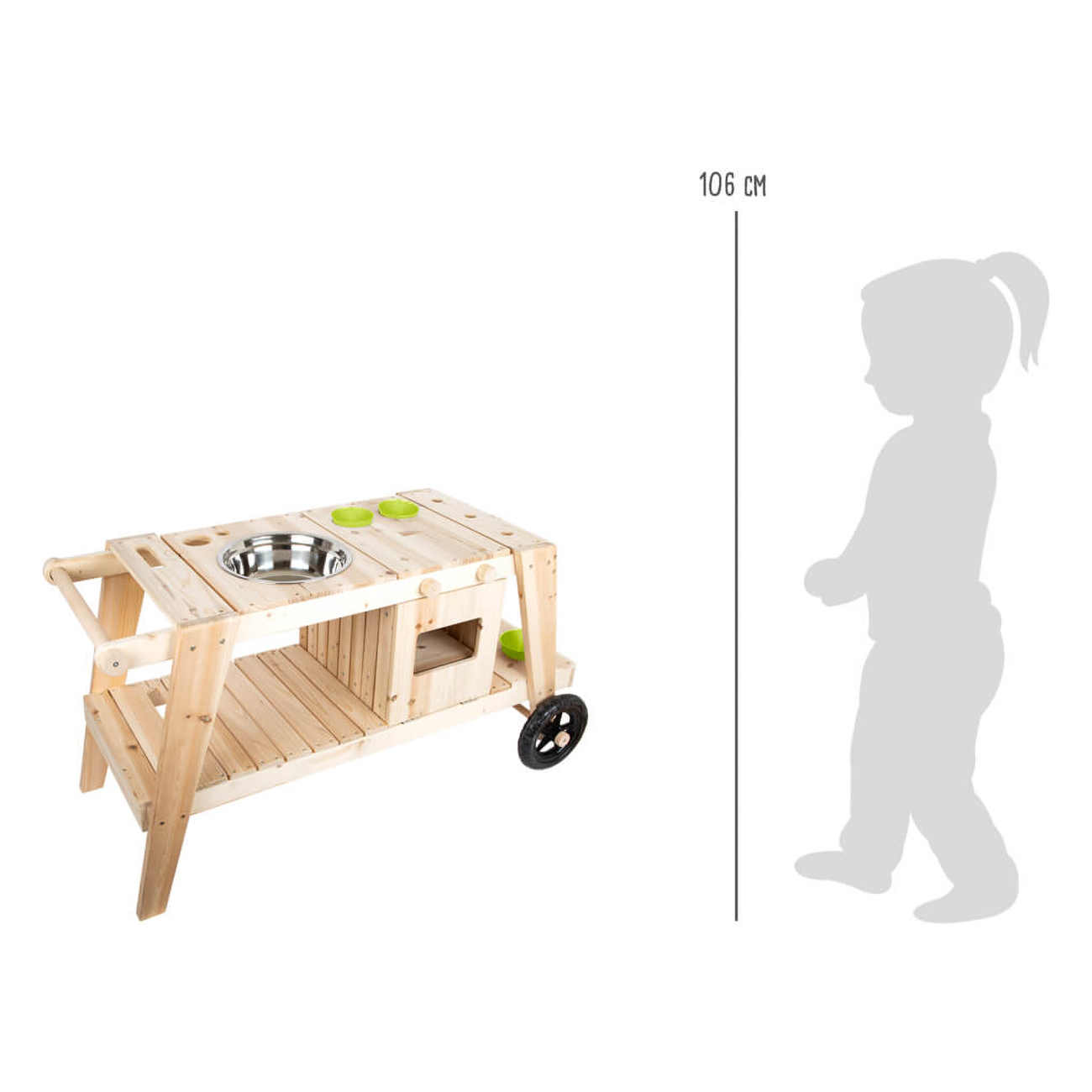 Holzwerkbank mit einem Metallnapf und grünen Akzenten, daneben eine Kinderfigur 106 cm.