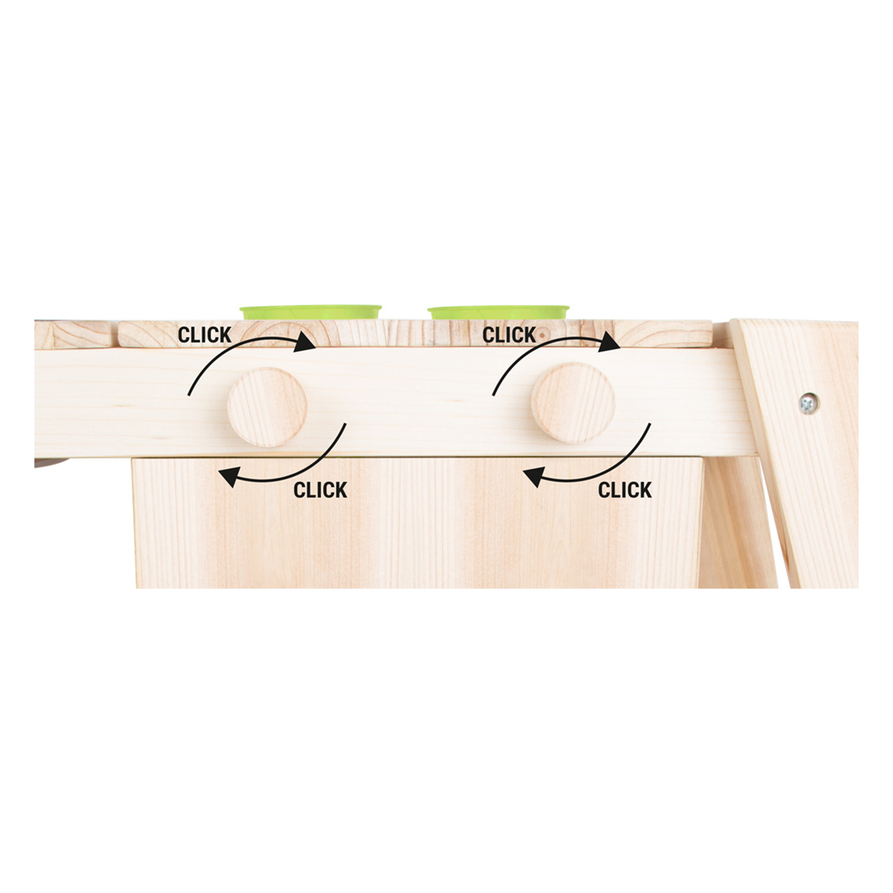 Holzmöbel mit zwei grünen Behältern und Drehknöpfen, die auf 'Klick' hinweisen.