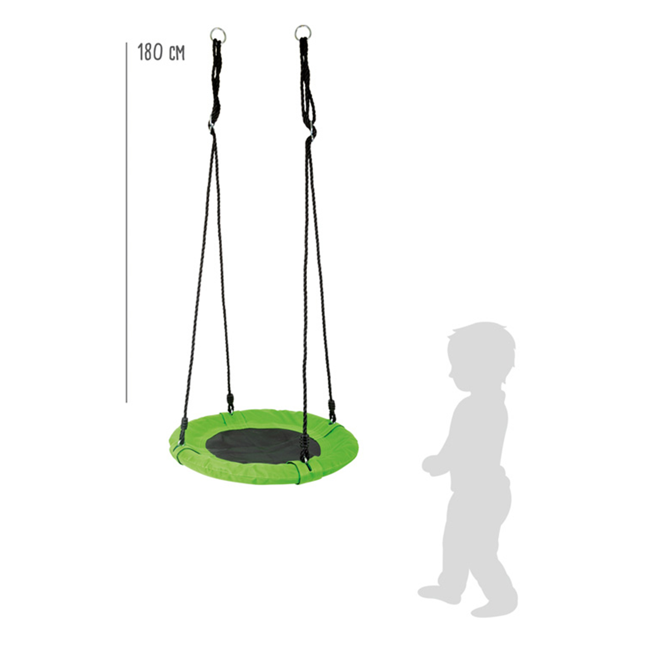 Grüne Nestschaukel mit schwarzem Sitz und Seilen, daneben eine Kindersilhouette.