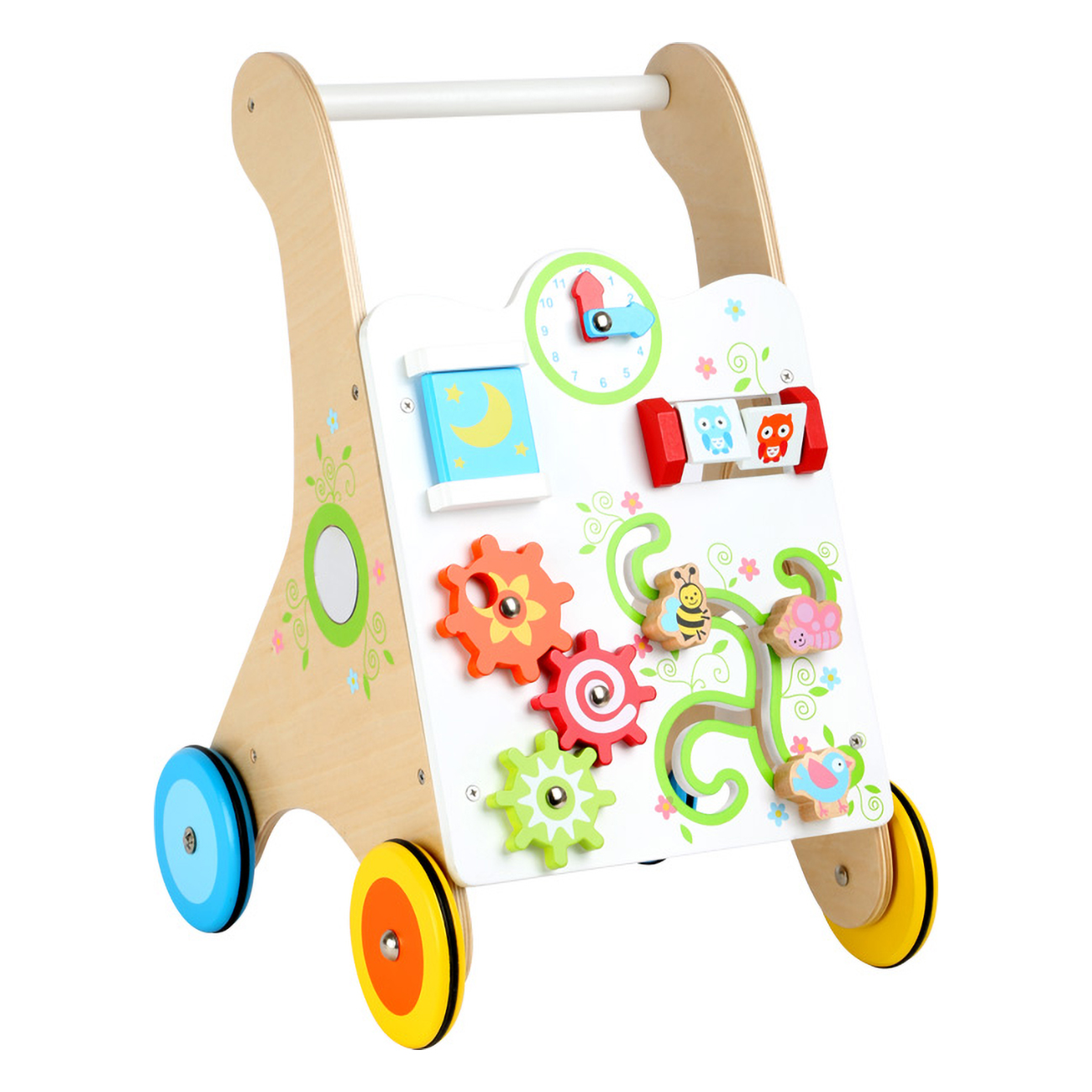 Ein hölzerner Lauflernwagen mit bunten Zahnrädern, einer Uhr und Tiermotiven.