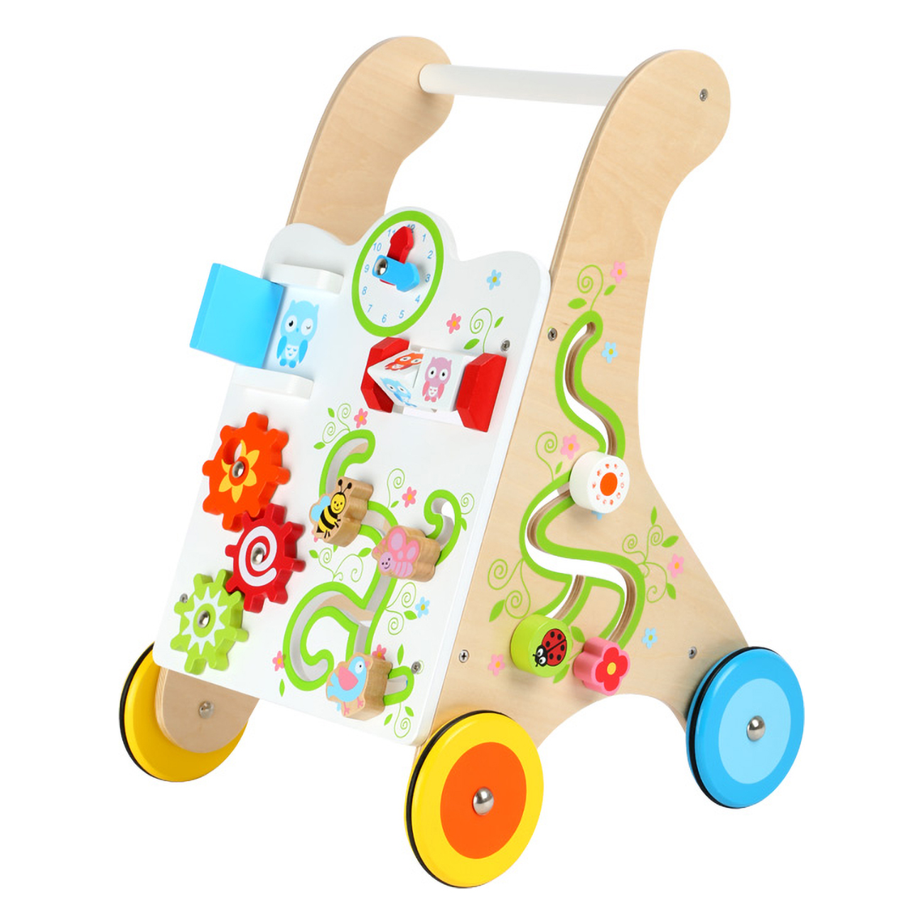 Ein hölzerner Lauflernwagen mit bunten Spielfunktionen wie Zahnrädern, Perlen und einem Zifferblatt.