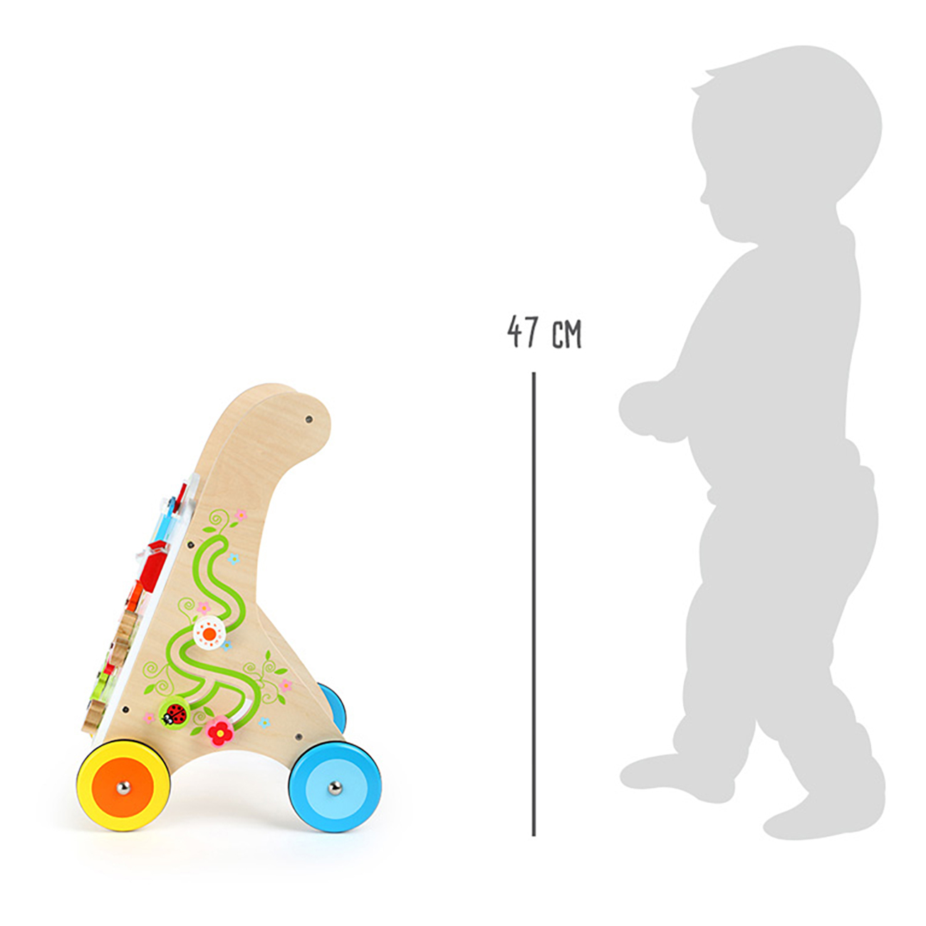 Ein hölzerner Lauflernwagen mit bunten Rädern und Spielzeug.