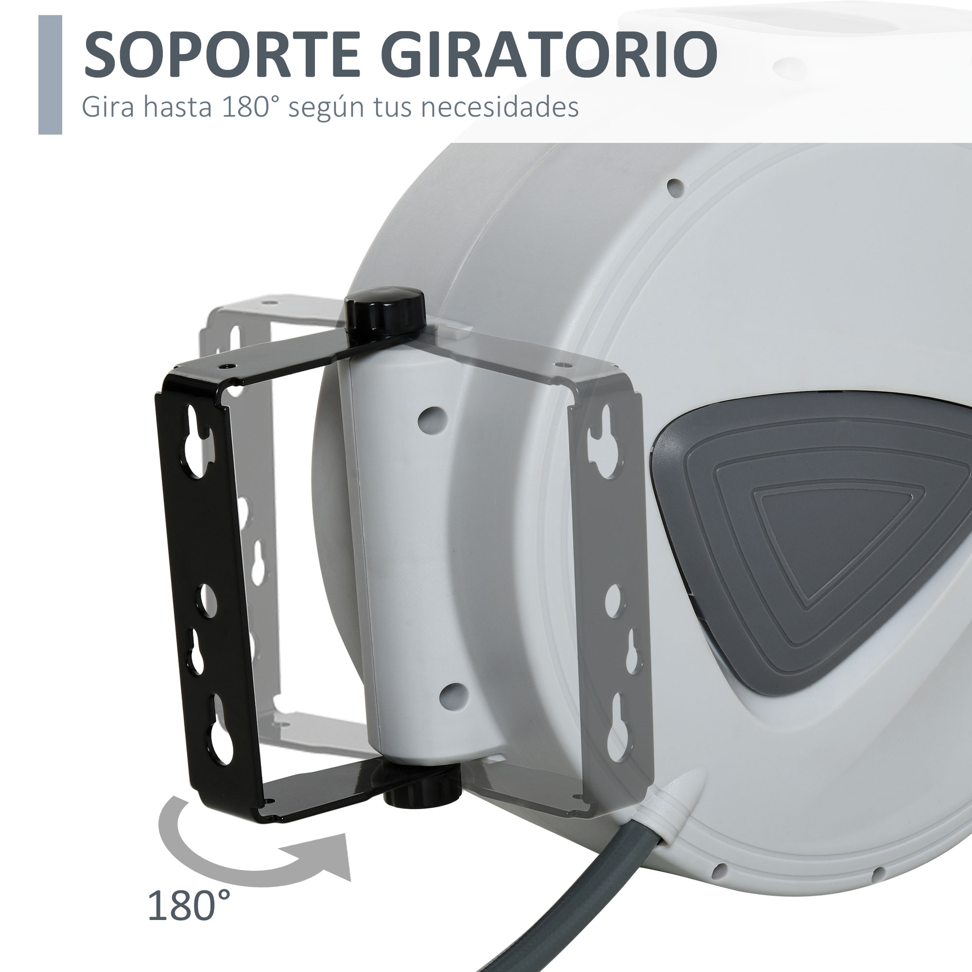 Enrollador de manguera gris con soporte negro, giratorio 180 grados.