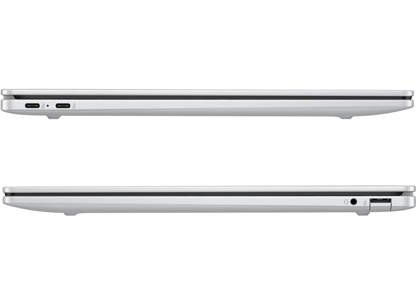 Silberner Laptop-Seite mit USB-C und Kopfhöreranschluss.