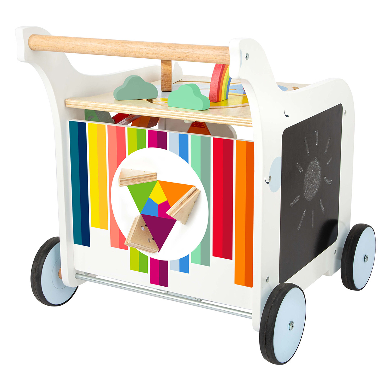 Ein weißer Lauflernwagen mit bunten Streifen, Regenbogen, Wolken und Tafel.