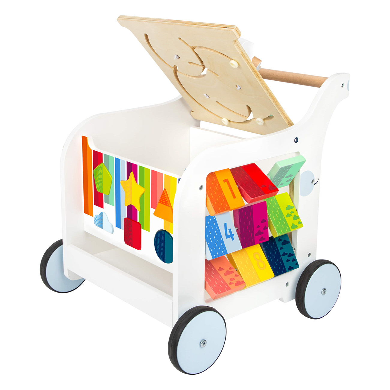 Ein weißer Holz-Lauflernwagen mit bunten Blöcken und Formen. Der Deckel ist offen.