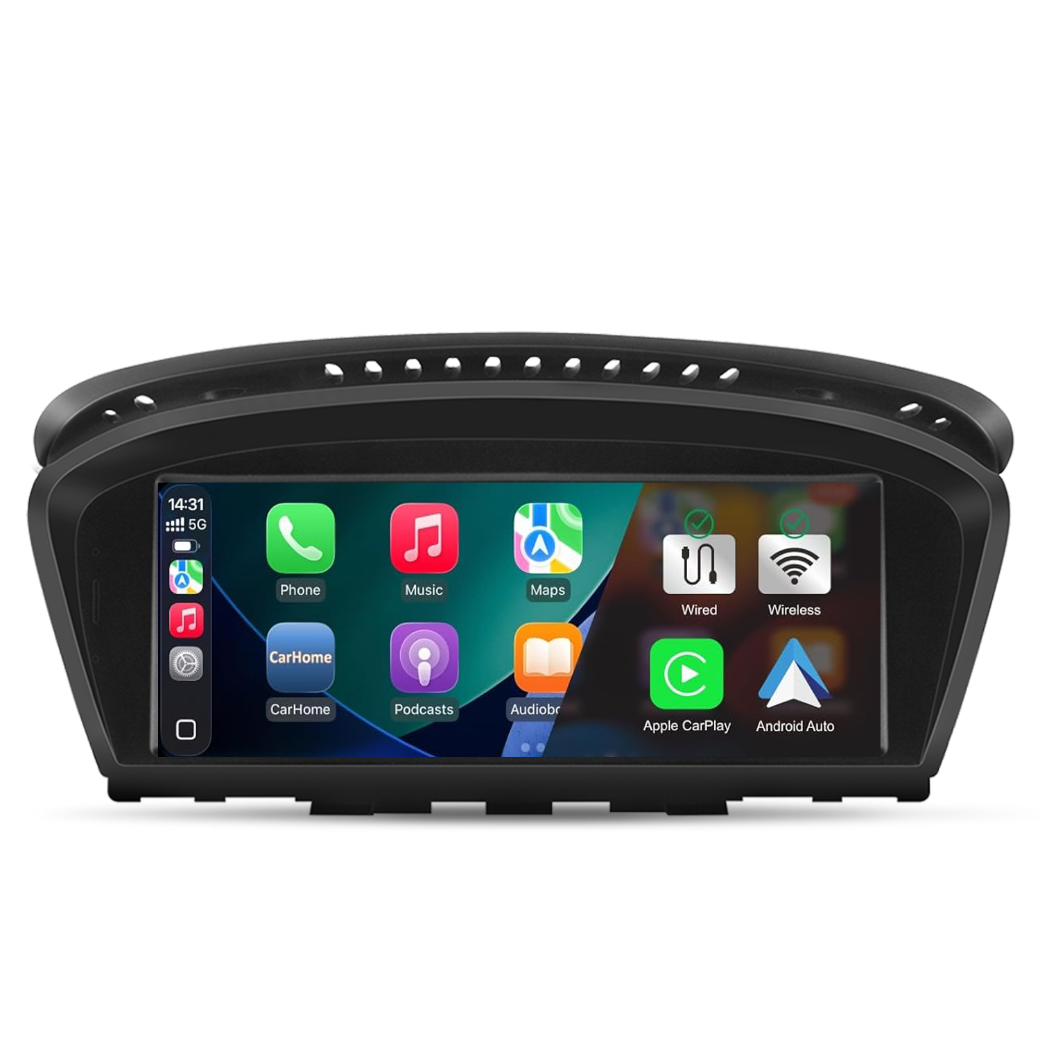 Ein Auto-Infotainment-Bildschirm mit App-Symbolen wie Telefon, Musik und Karten.