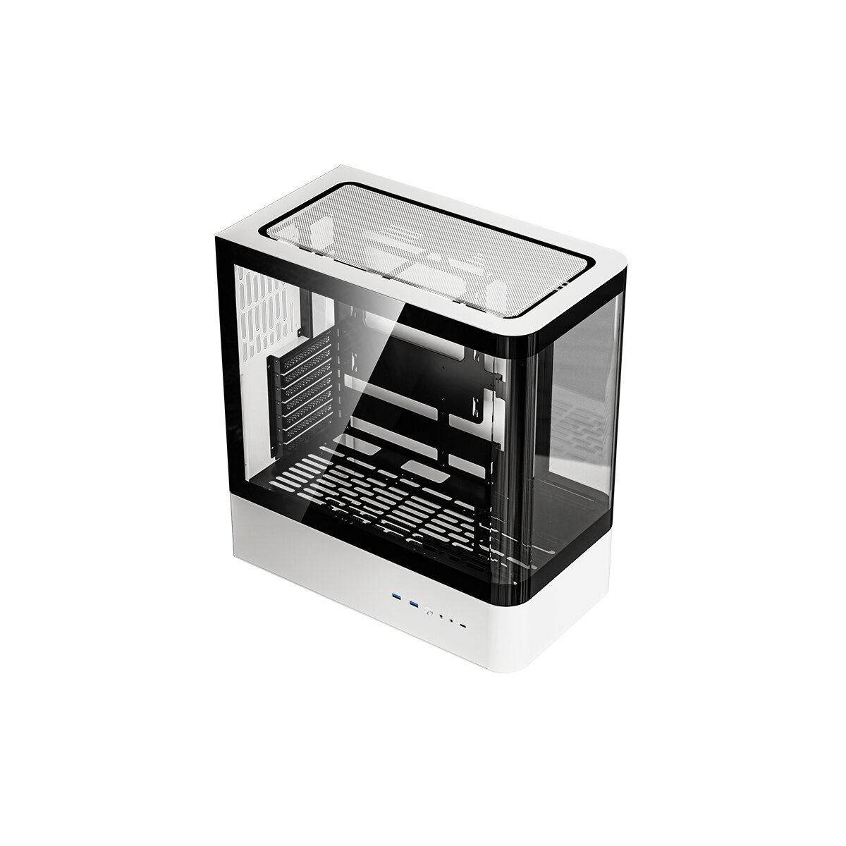 Case PC bianco con lati in vetro e cornice nera. Parte superiore e inferiore ventilate.