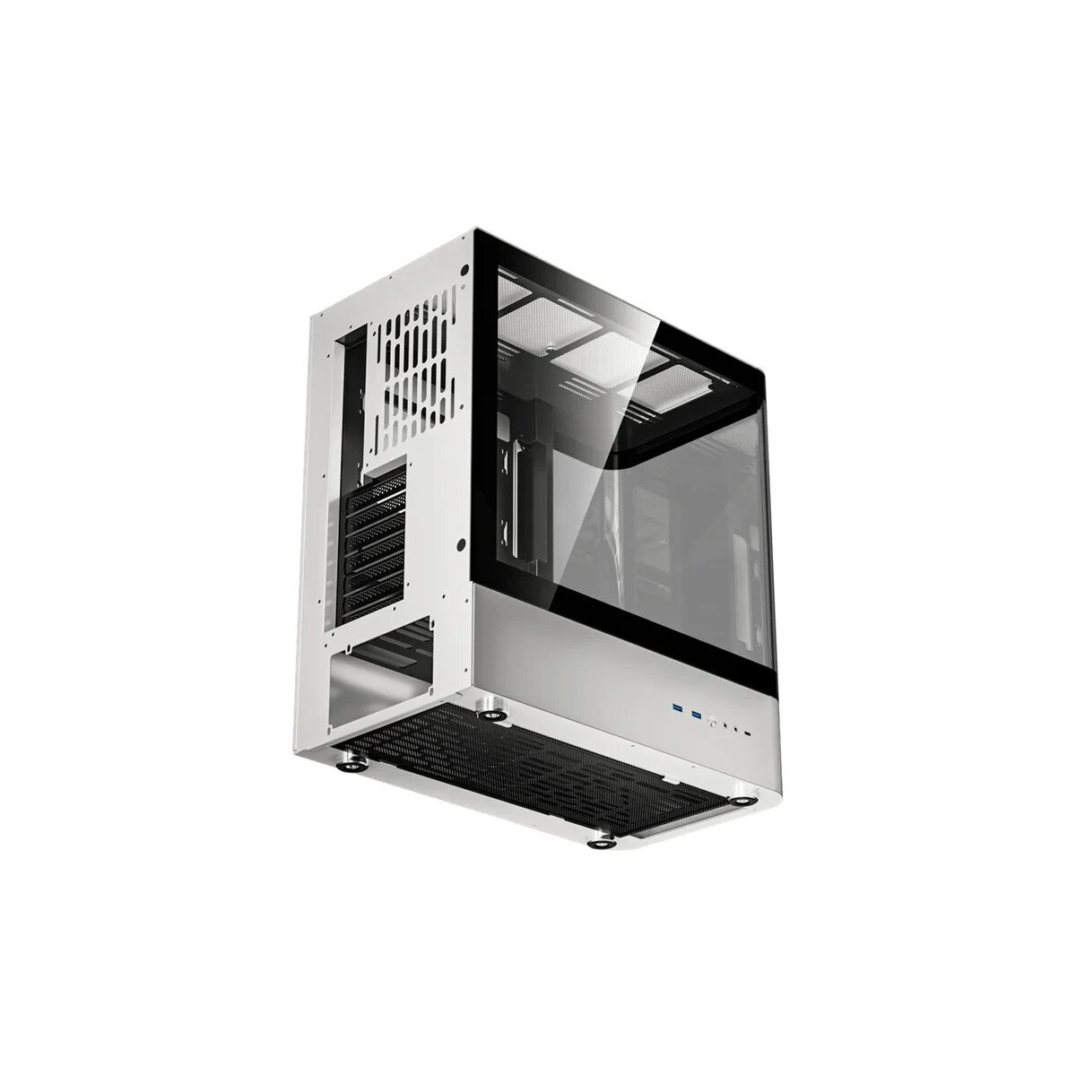 Un case per computer bianco con ante in vetro sopra e di lato.