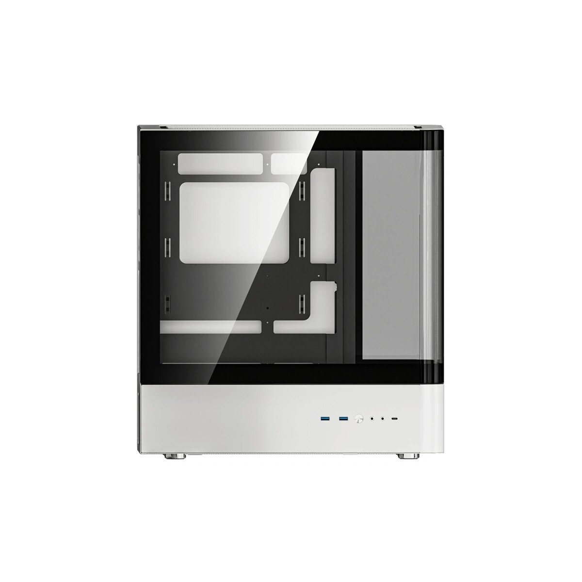 Un case per computer bianco con finestre in vetro e porte blu.