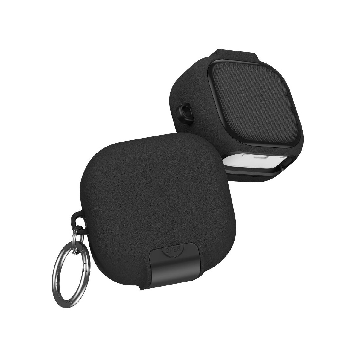 Due custodie nere per auricolari, una aperta, una chiusa, con portachiavi.