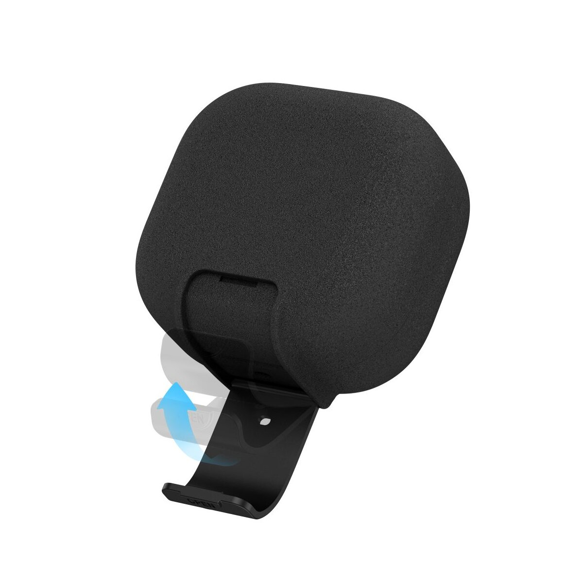Cubo nero testurizzato con supporto nero aperto e frecce.