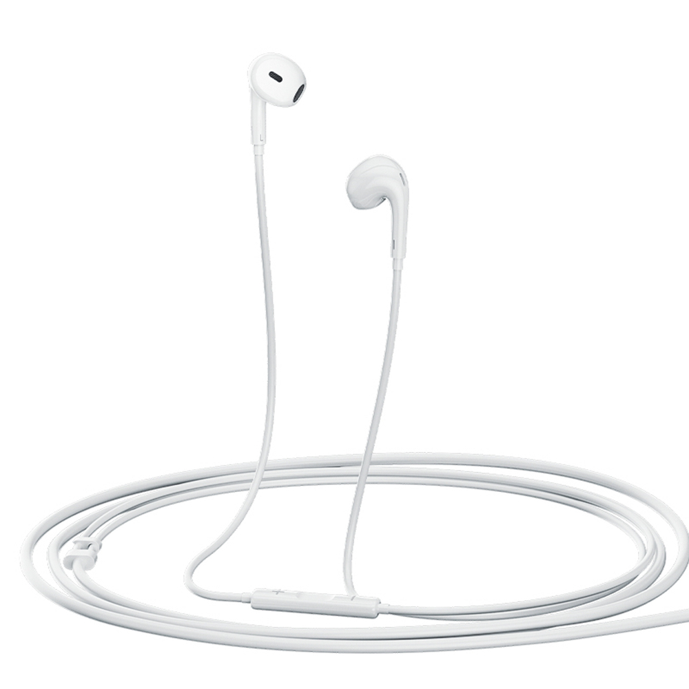 Weiße In-Ear-Kopfhörer mit Kabel und Fernbedienung, auf weißem Hintergrund.