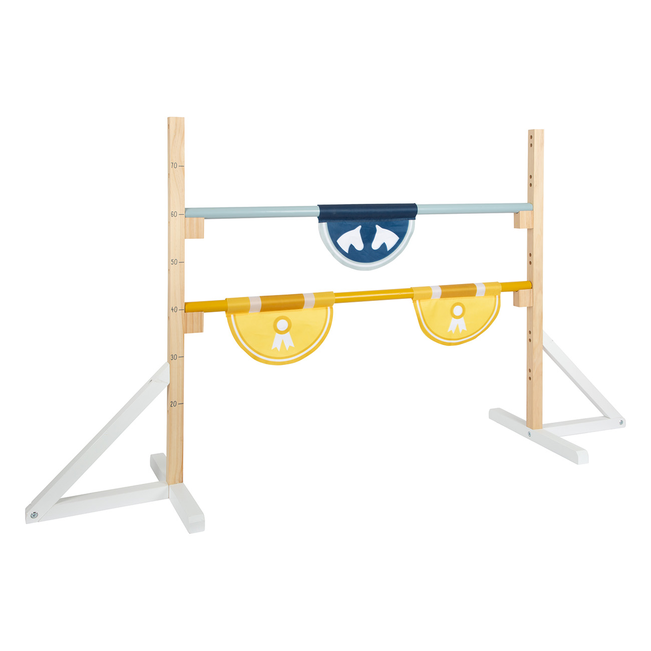 Ein Spielzeug-Hürdenparcours mit Holzständer, blauen und gelben Stangen.