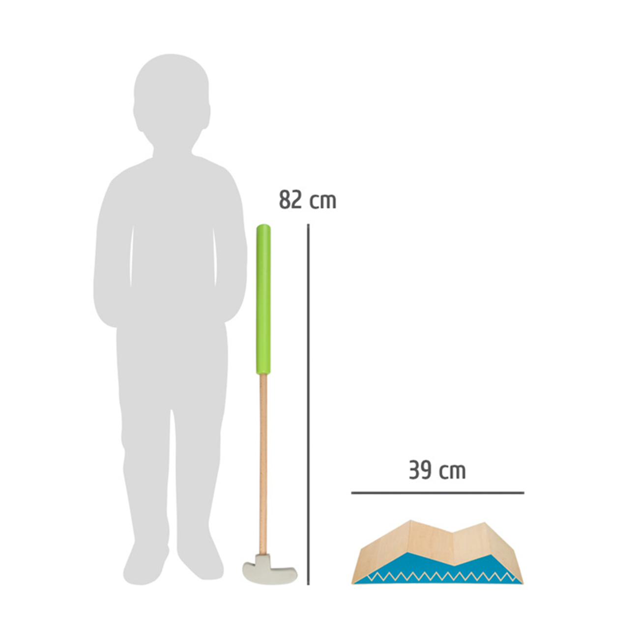 Kindergröße mit Golfschläger (82cm) und Hindernis (39cm).