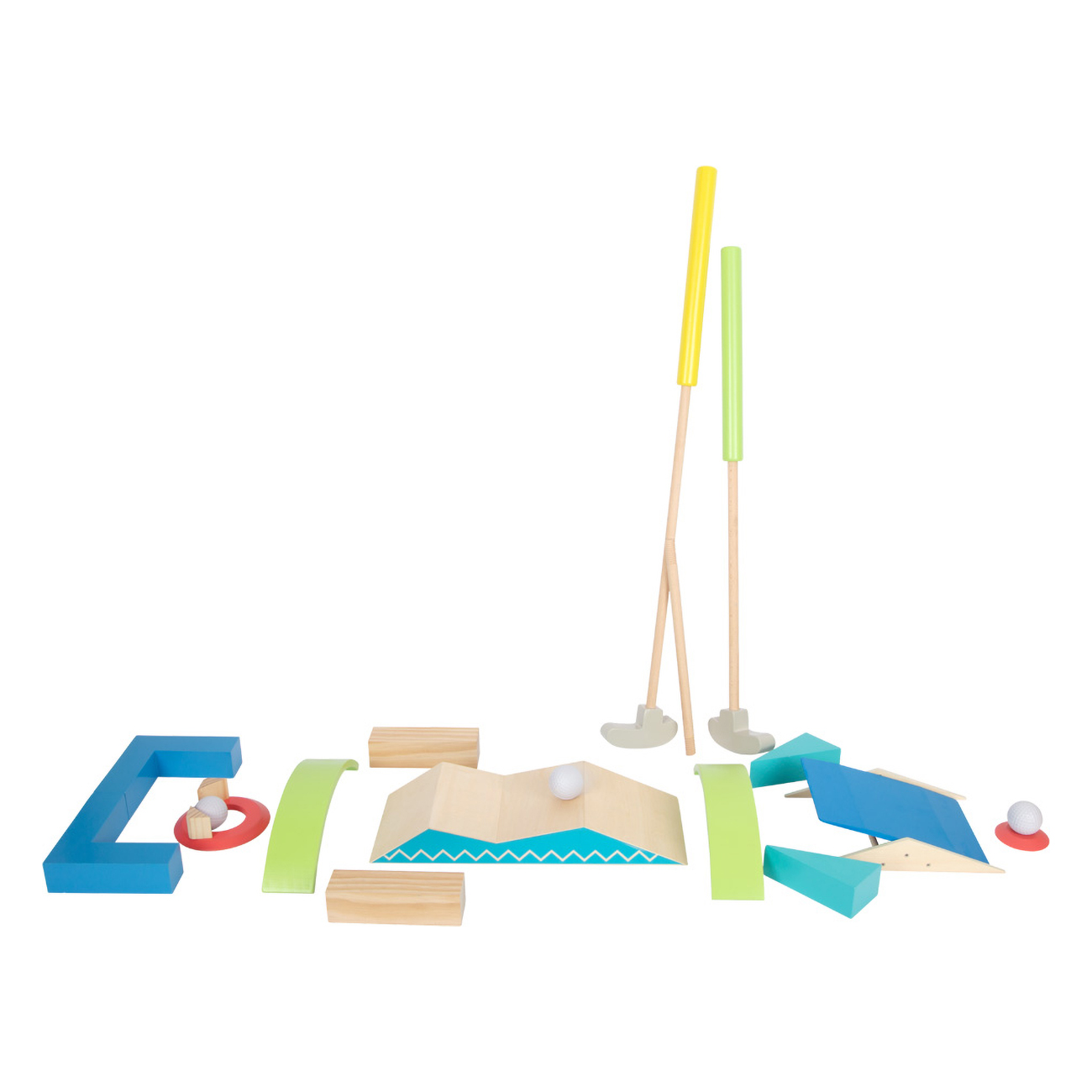 Ein Holz-Minigolf-Set mit bunten Hindernissen, Schlägern und Bällen.