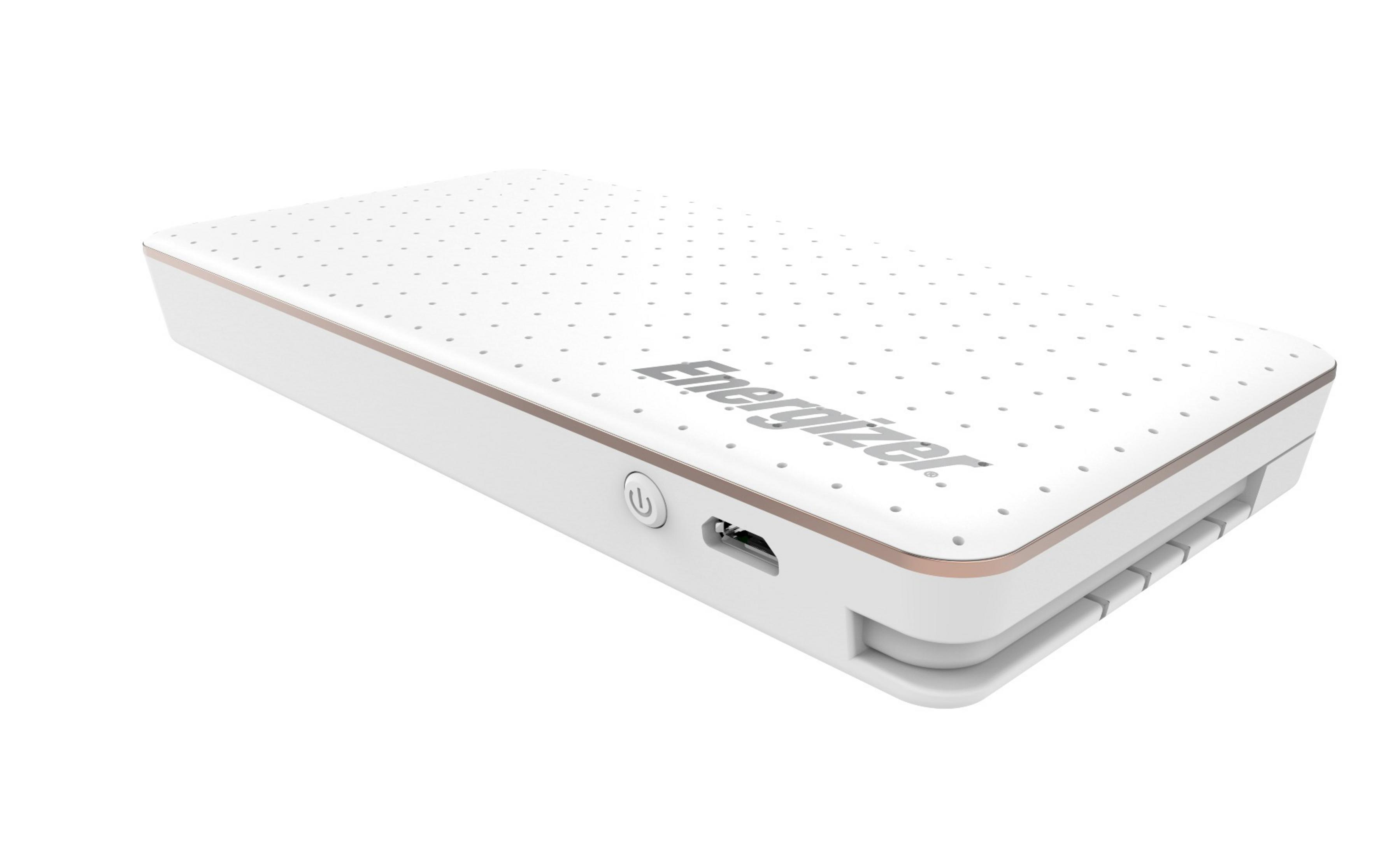 Un power bank Energizer bianco con bordo oro rosa e piccoli puntini.