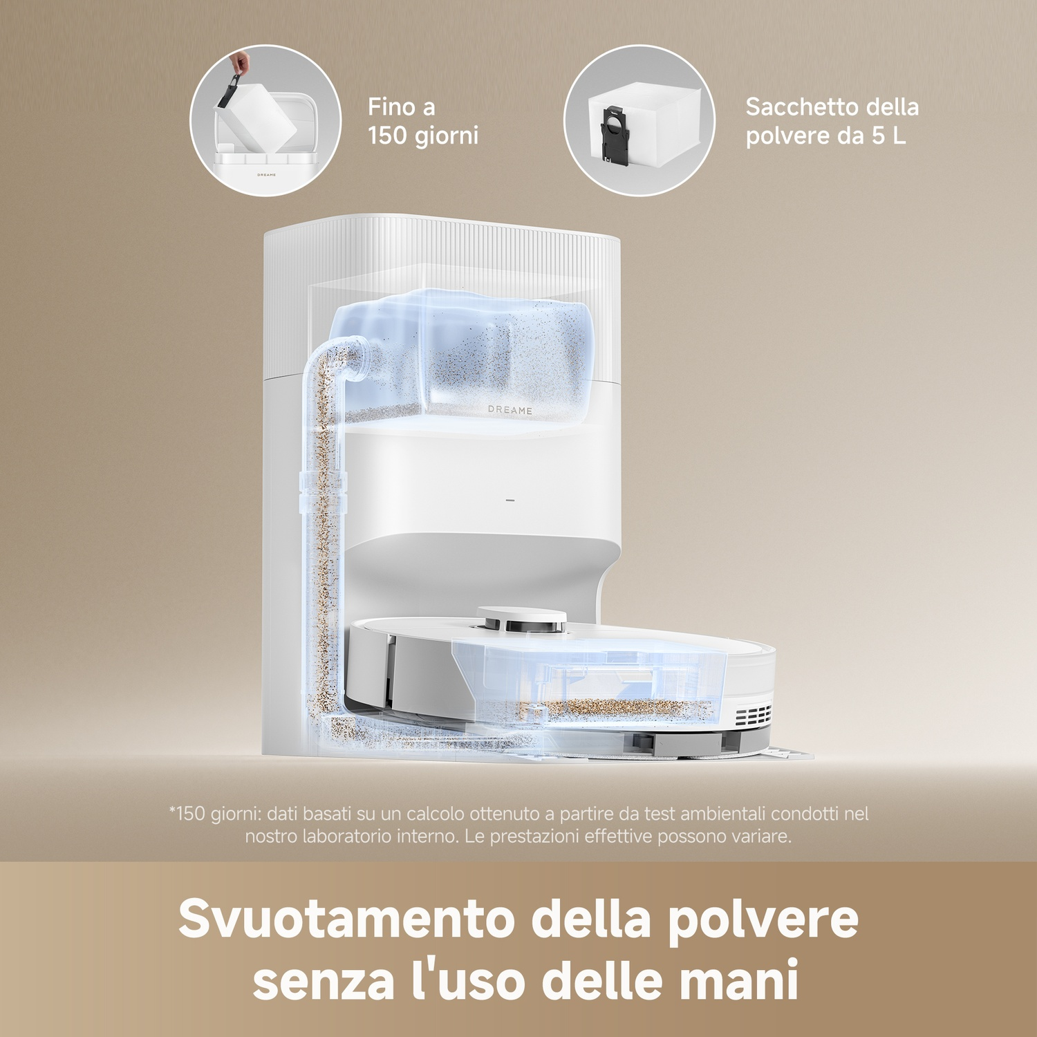 Un robot aspirapolvere con sacco polvere da 5L, che dura fino a 150 giorni.