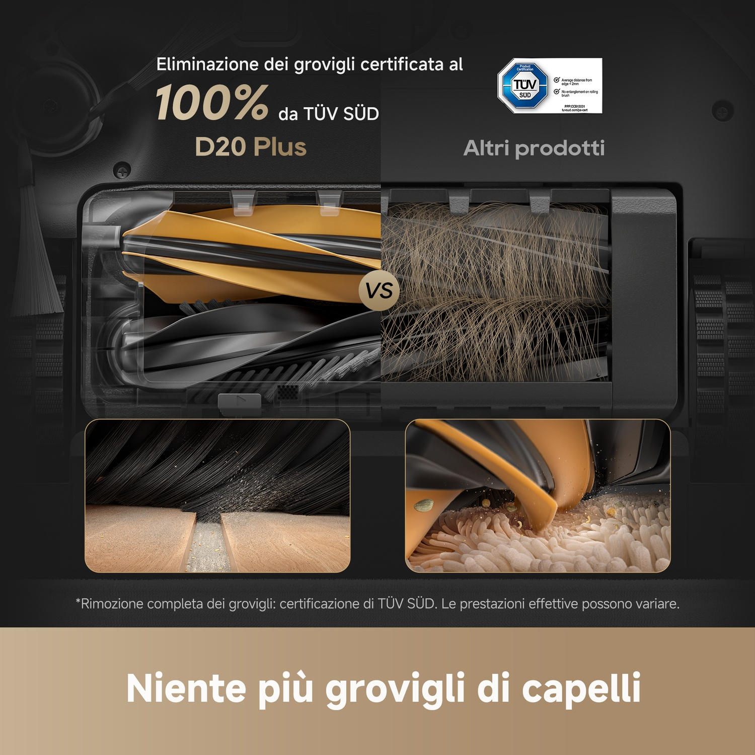 Confronto spazzole aspirapolvere: una pulita, una con capelli.