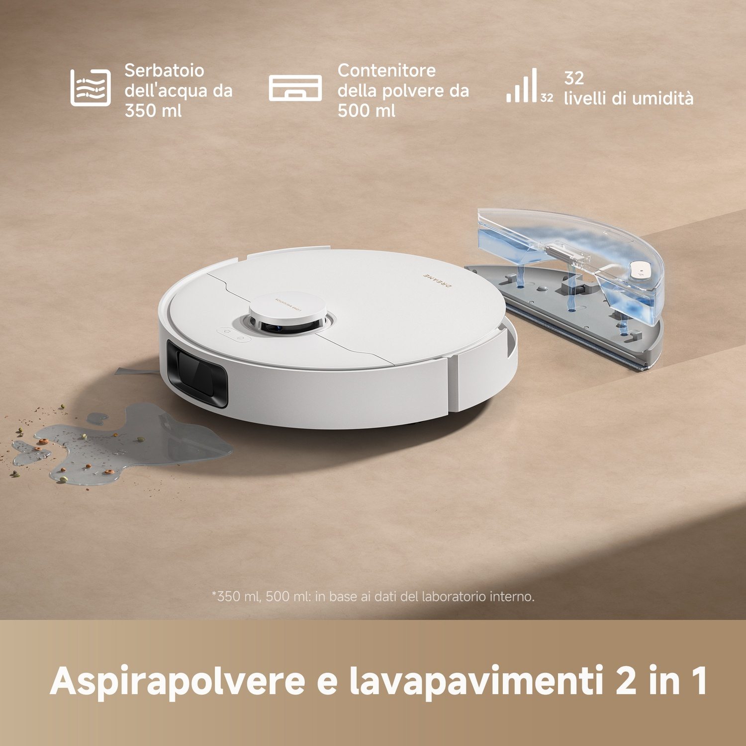 Un robot aspirapolvere e lavapavimenti bianco con serbatoi acqua e polvere rimovibili.