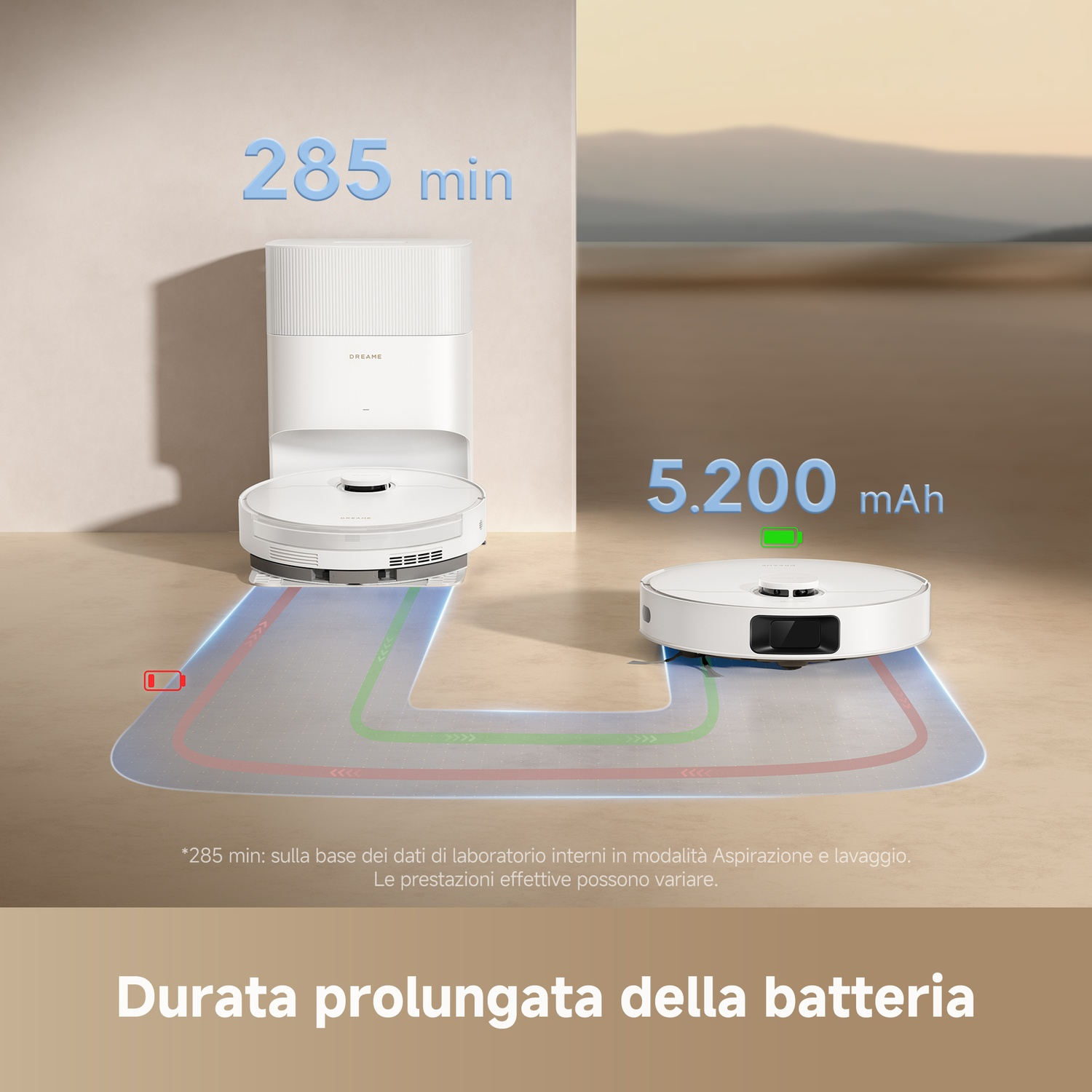 Robot aspirapolvere bianco e base di ricarica, 285 min, 5.200 mAh.