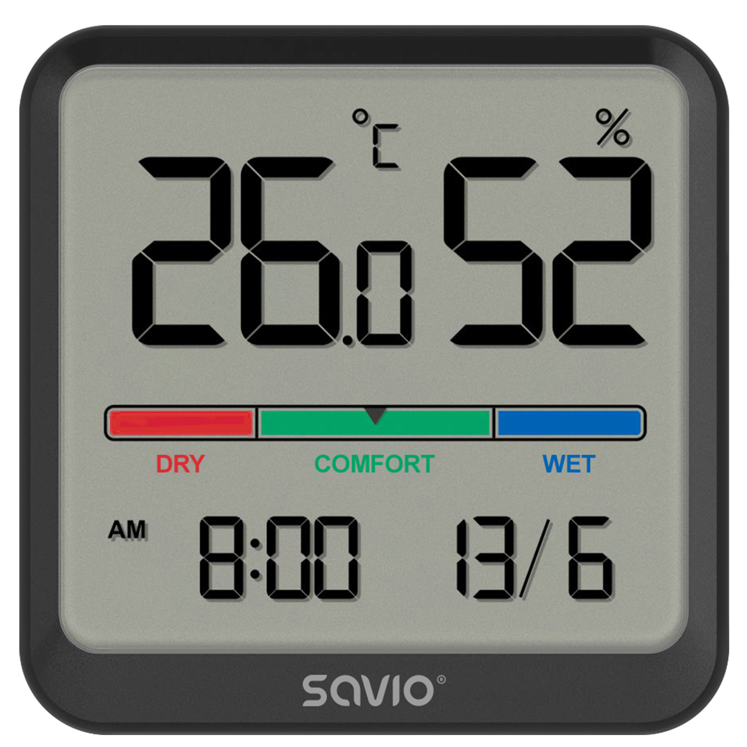 Cyfrowy termometr pokazuje 26 stopni Celsjusza i 52% wilgotności.