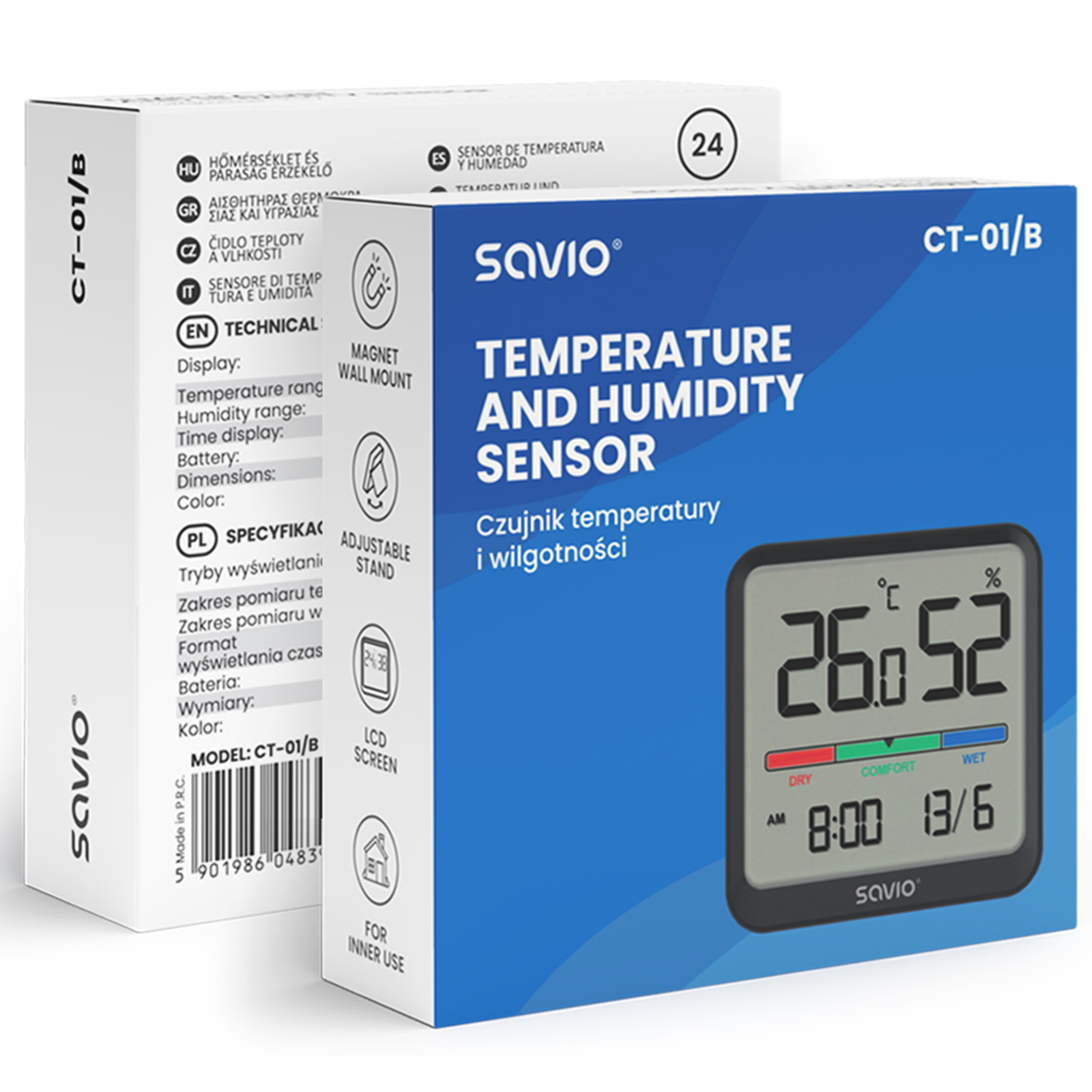 Opakowanie czujnika temperatury i wilgotności Savio z wyświetlaczem LCD.
