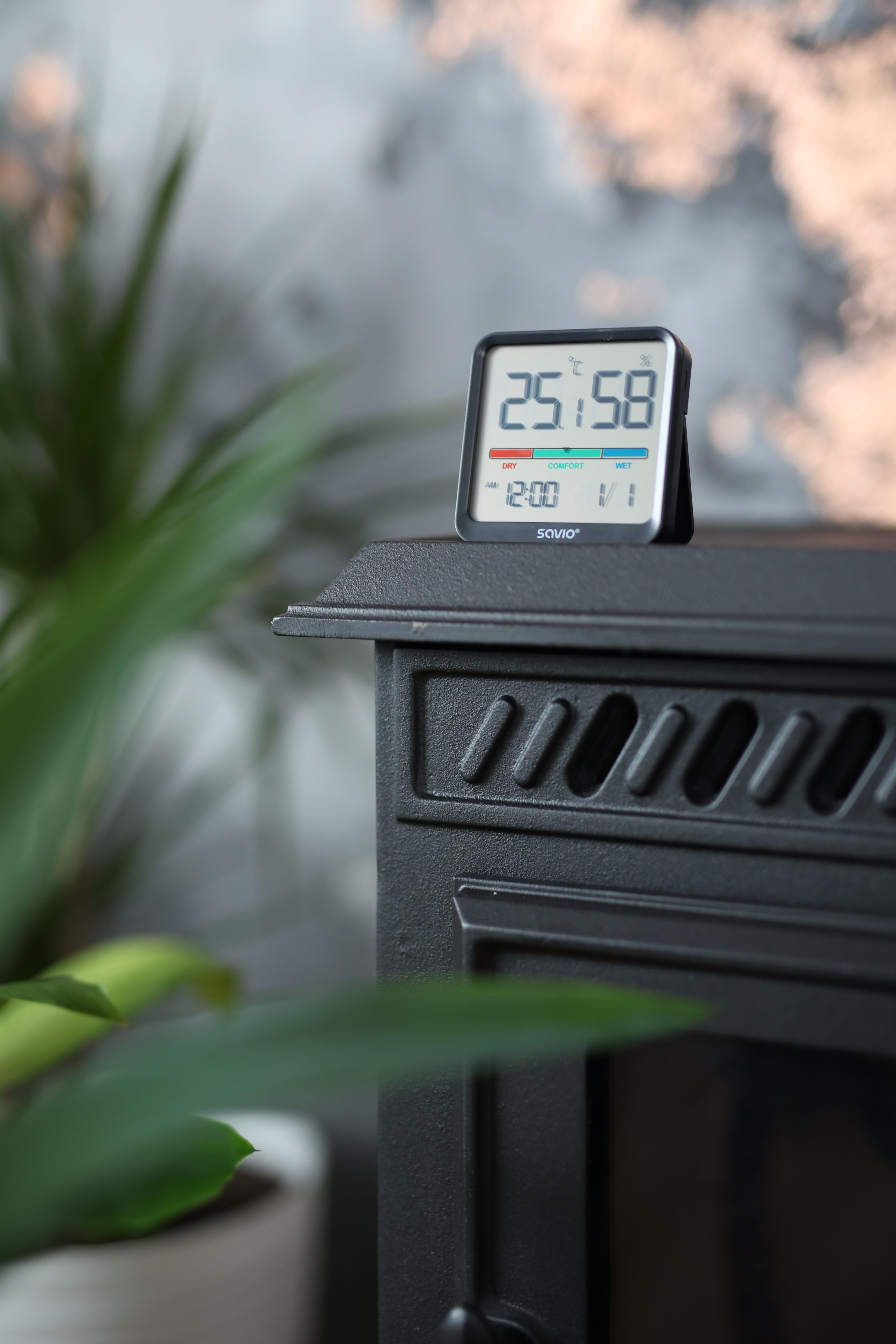 Cyfrowy termometr pokazuje 25,58 stopnia na czarnym piecu, z roślinami.