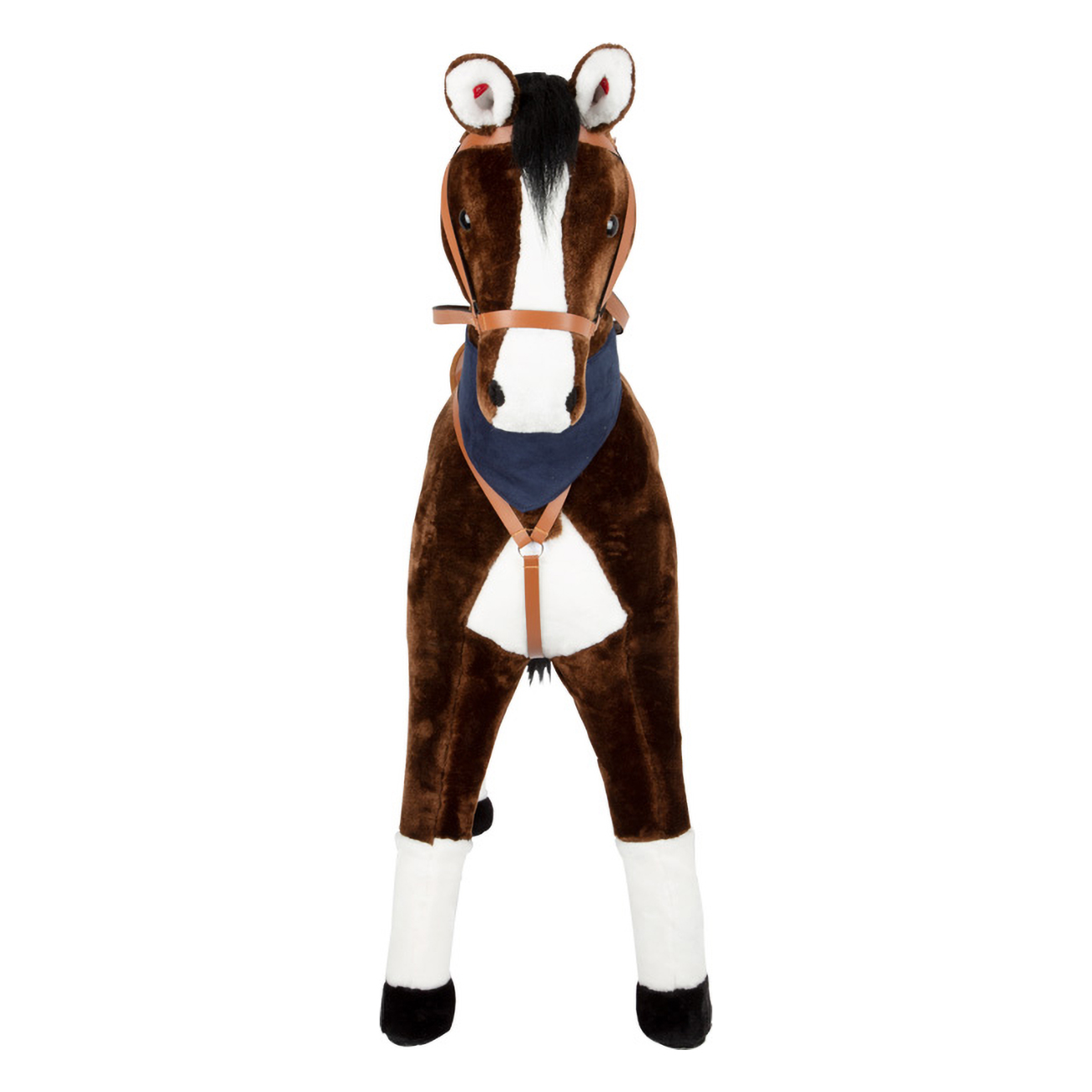 Ein braunes Plüschpferd mit weißer Brust, blauer Halsbinde und Zaumzeug.