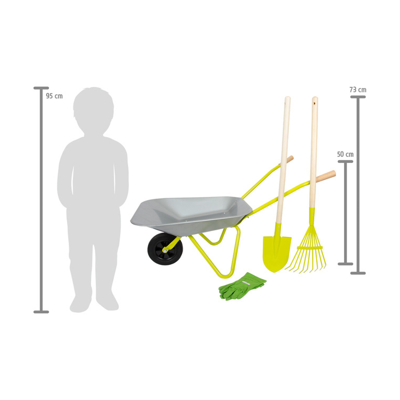 Ein Kinder-Gartenset: Schubkarre, Schaufel, Rechen, Handschuhe.